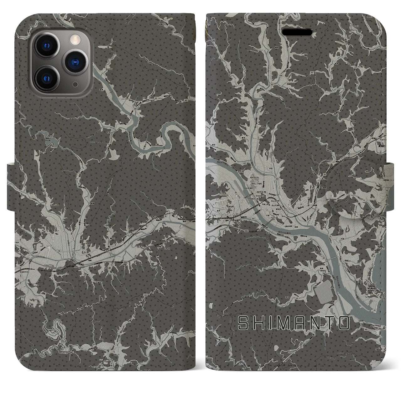 【四万十(高知県)】地図柄iPhoneケース(手帳タイプ)モノトーン・iPhone 11 Pro Max 用