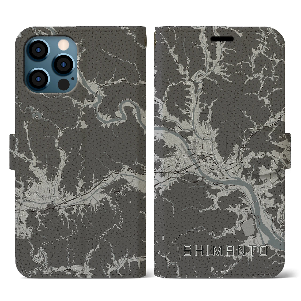 【四万十(高知県)】地図柄iPhoneケース(手帳タイプ)モノトーン・iPhone 12 / 12 Pro 用
