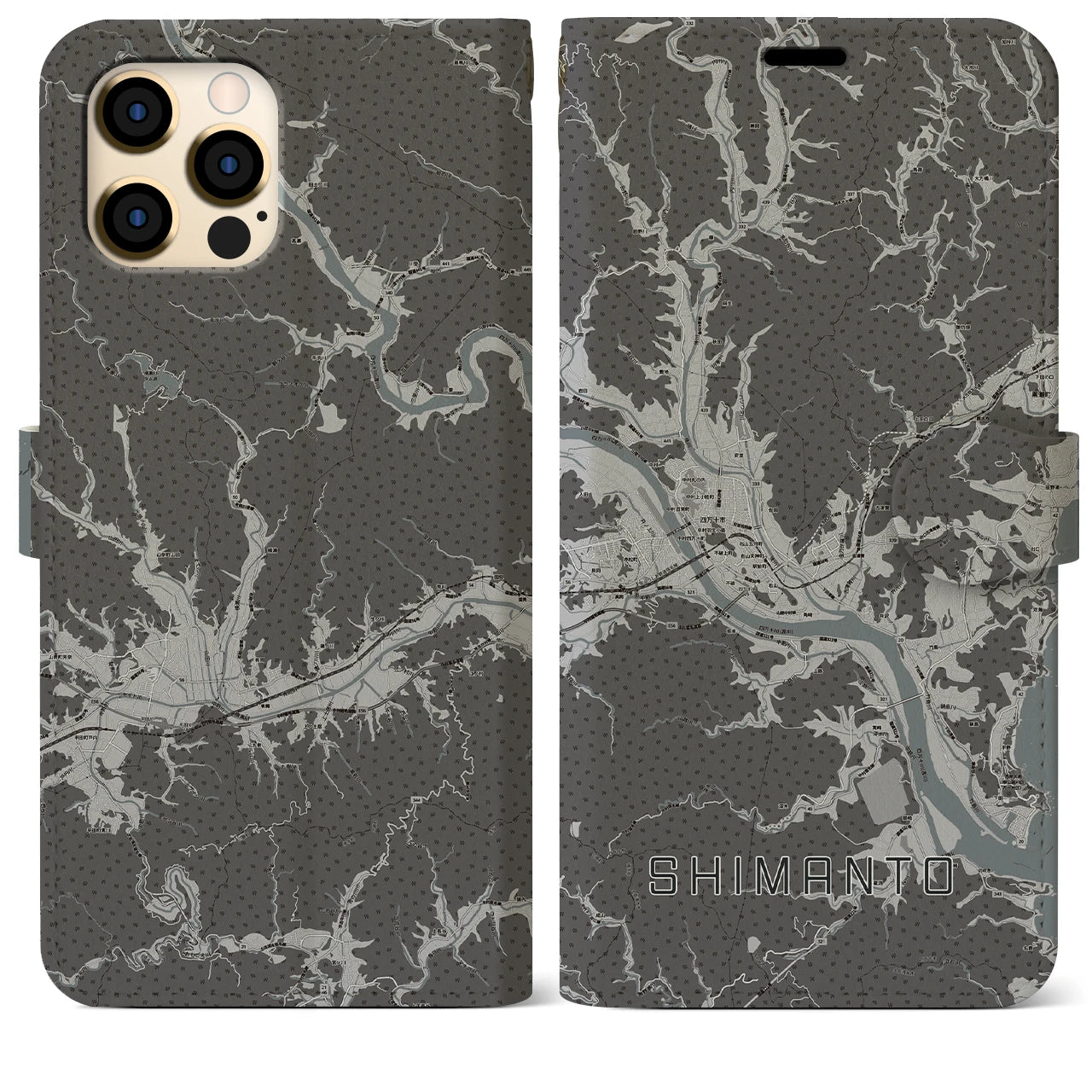 【四万十(高知県)】地図柄iPhoneケース(手帳タイプ)モノトーン・iPhone 12 Pro Max 用