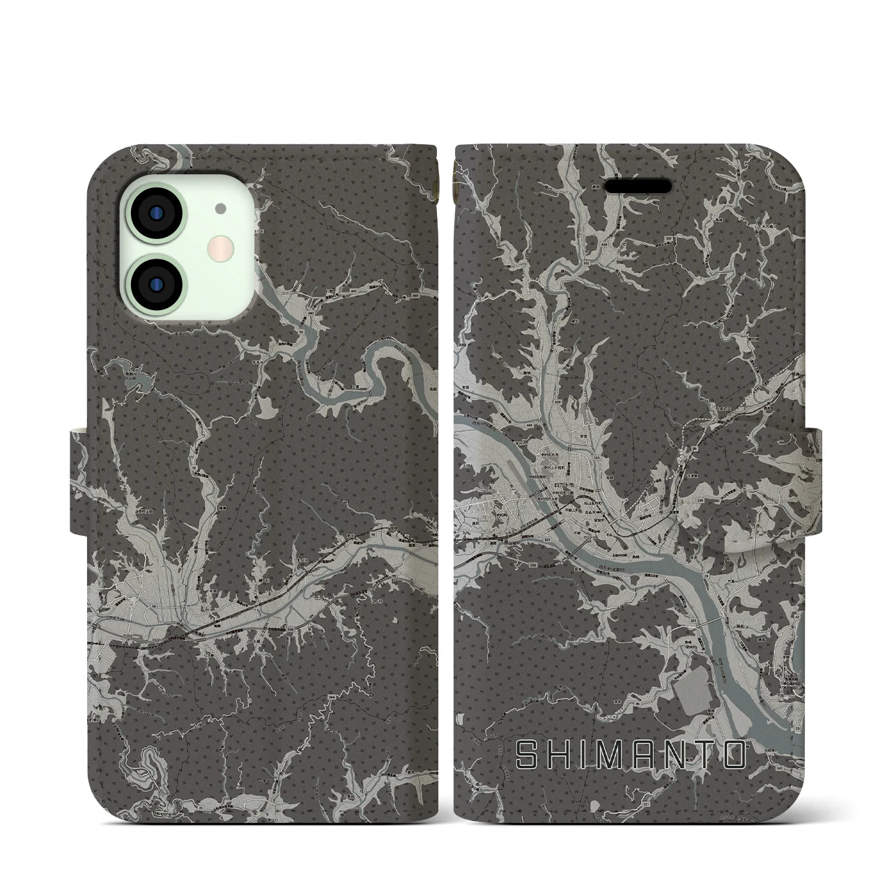 【四万十(高知県)】地図柄iPhoneケース(手帳タイプ)モノトーン・iPhone 12 mini 用