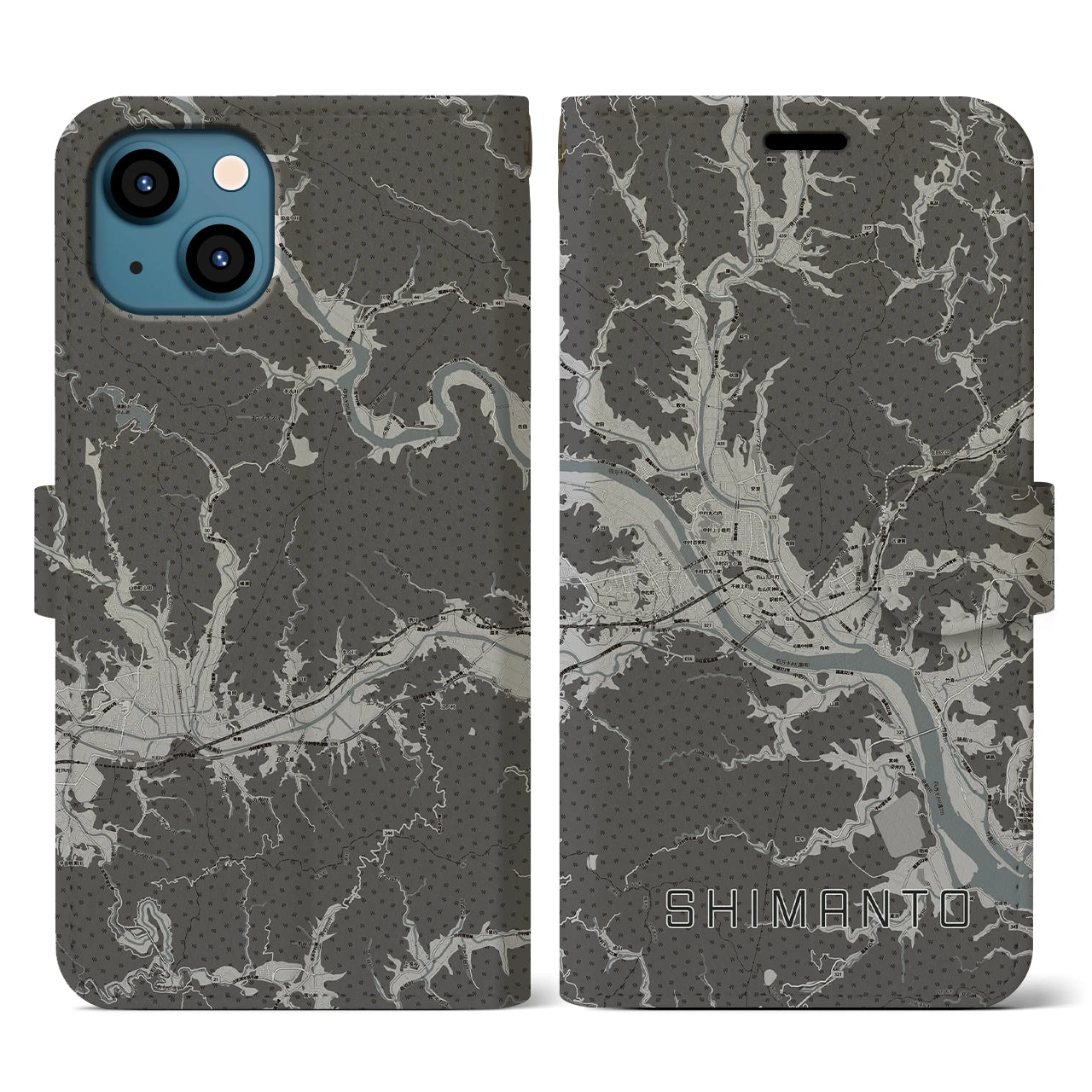 【四万十(高知県)】地図柄iPhoneケース(手帳タイプ)モノトーン・iPhone 13 用