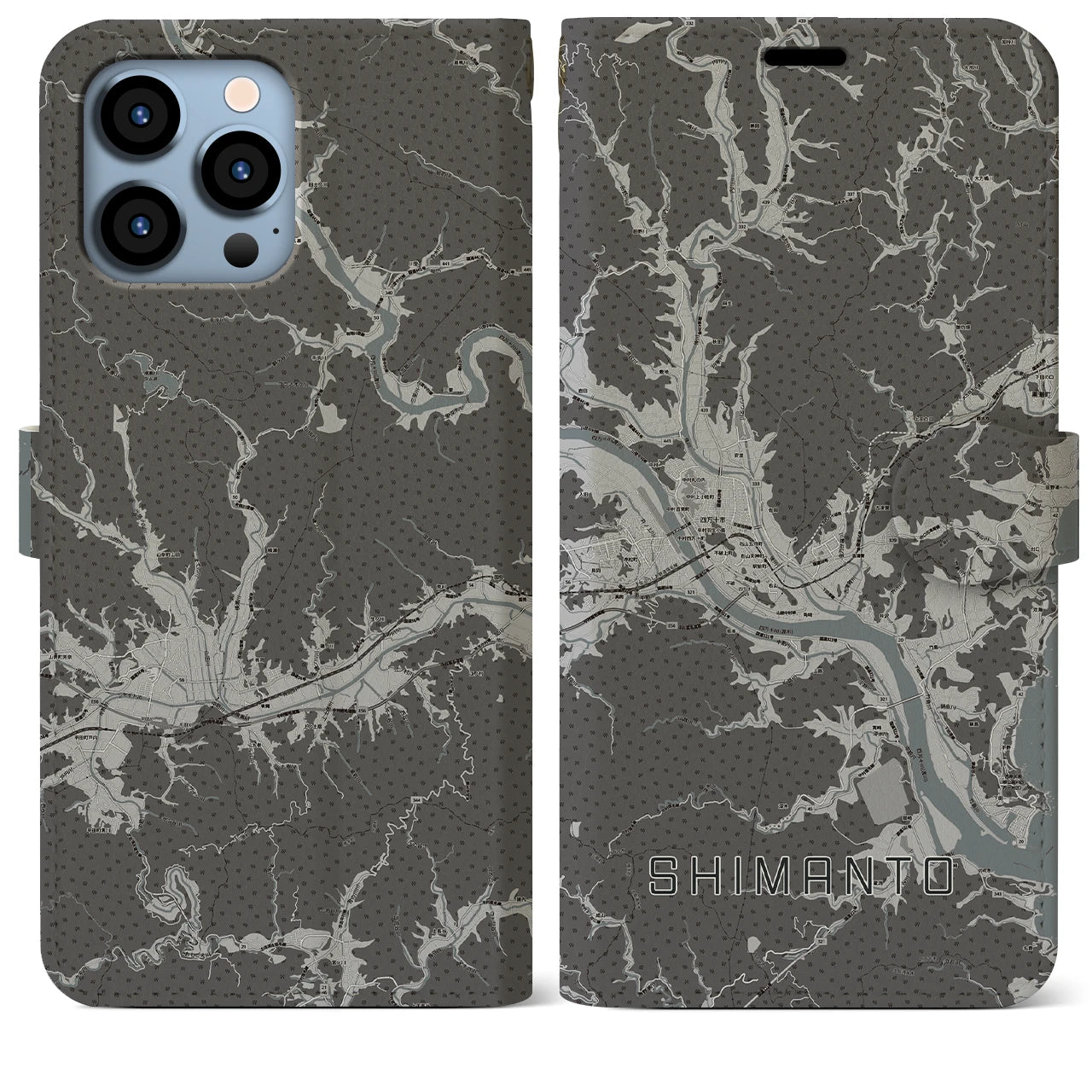 【四万十(高知県)】地図柄iPhoneケース(手帳タイプ)モノトーン・iPhone 13 Pro Max 用