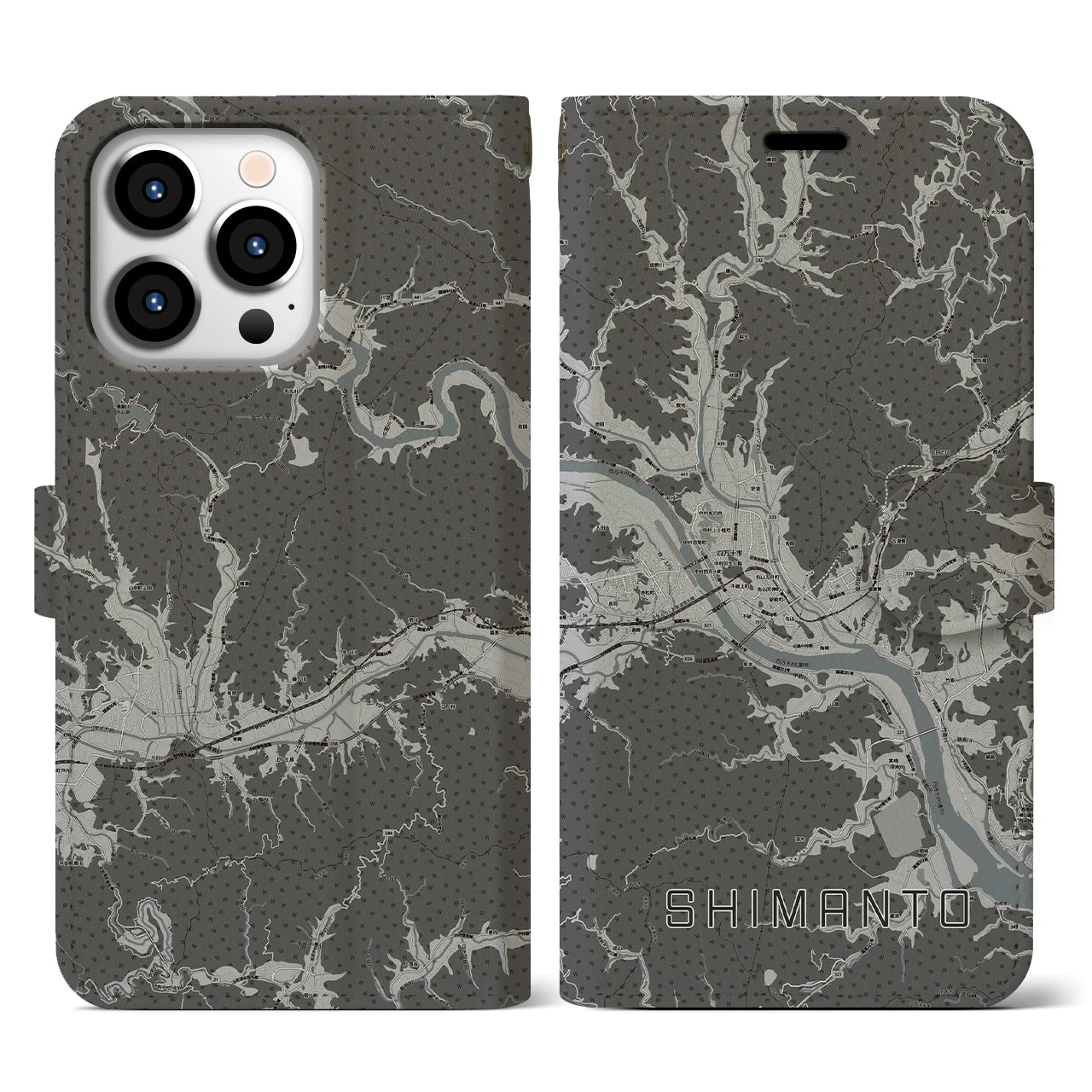 【四万十(高知県)】地図柄iPhoneケース(手帳タイプ)モノトーン・iPhone 13 Pro 用