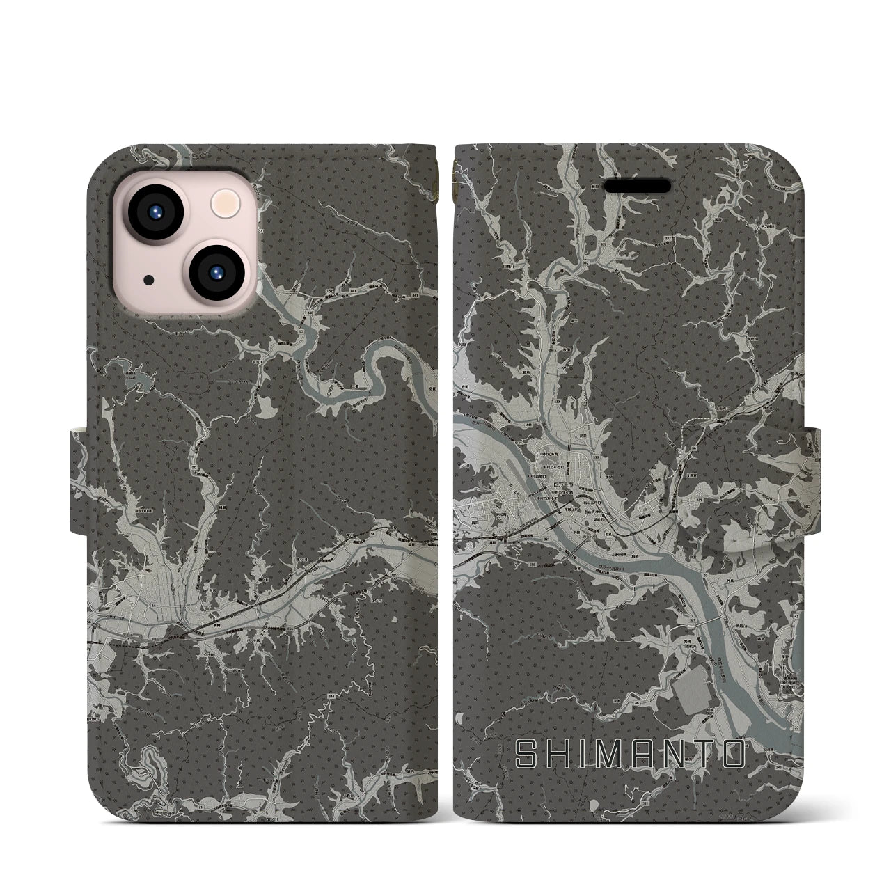 【四万十(高知県)】地図柄iPhoneケース(手帳タイプ)モノトーン・iPhone 13 mini 用