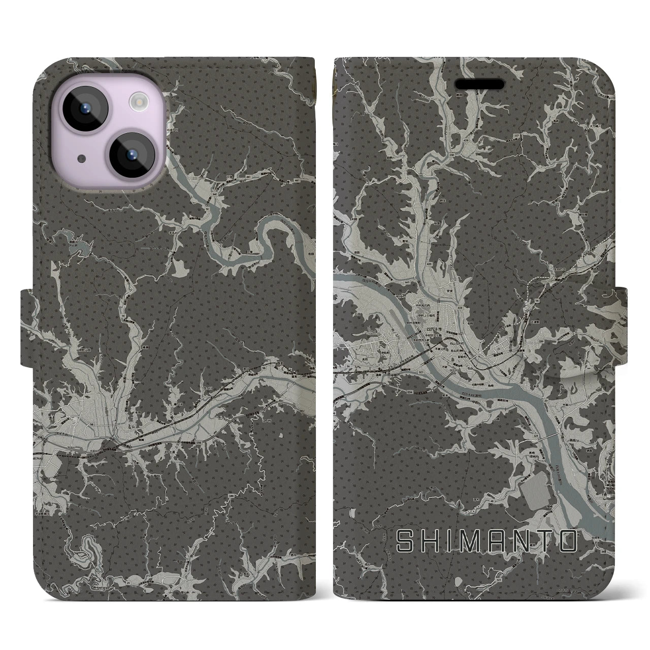 【四万十(高知県)】地図柄iPhoneケース(手帳タイプ)モノトーン・iPhone 14 用
