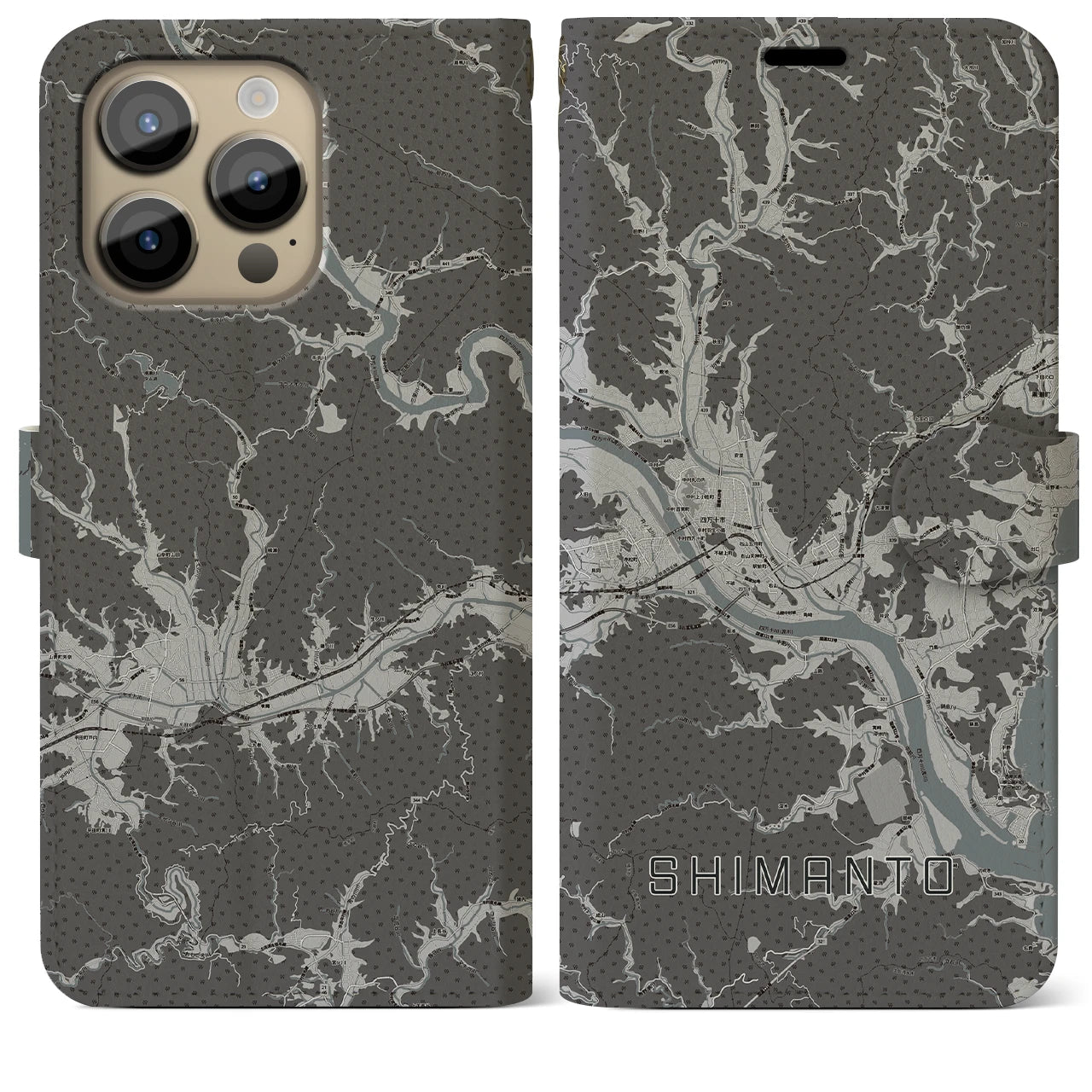 【四万十(高知県)】地図柄iPhoneケース(手帳タイプ)モノトーン・iPhone 14 Pro Max 用