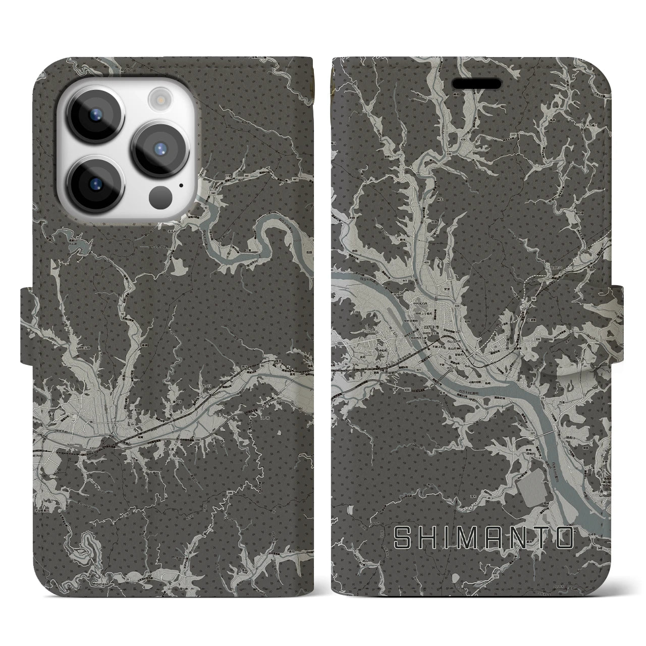 【四万十(高知県)】地図柄iPhoneケース(手帳タイプ)モノトーン・iPhone 14 Pro 用