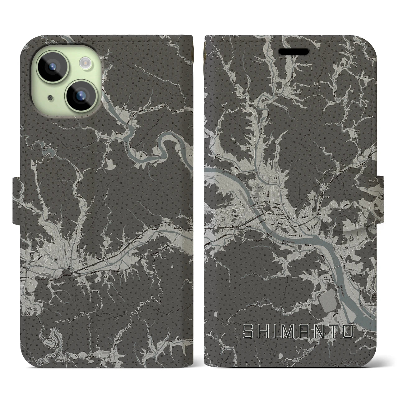 【四万十(高知県)】地図柄iPhoneケース(手帳タイプ)モノトーン・iPhone 15 用