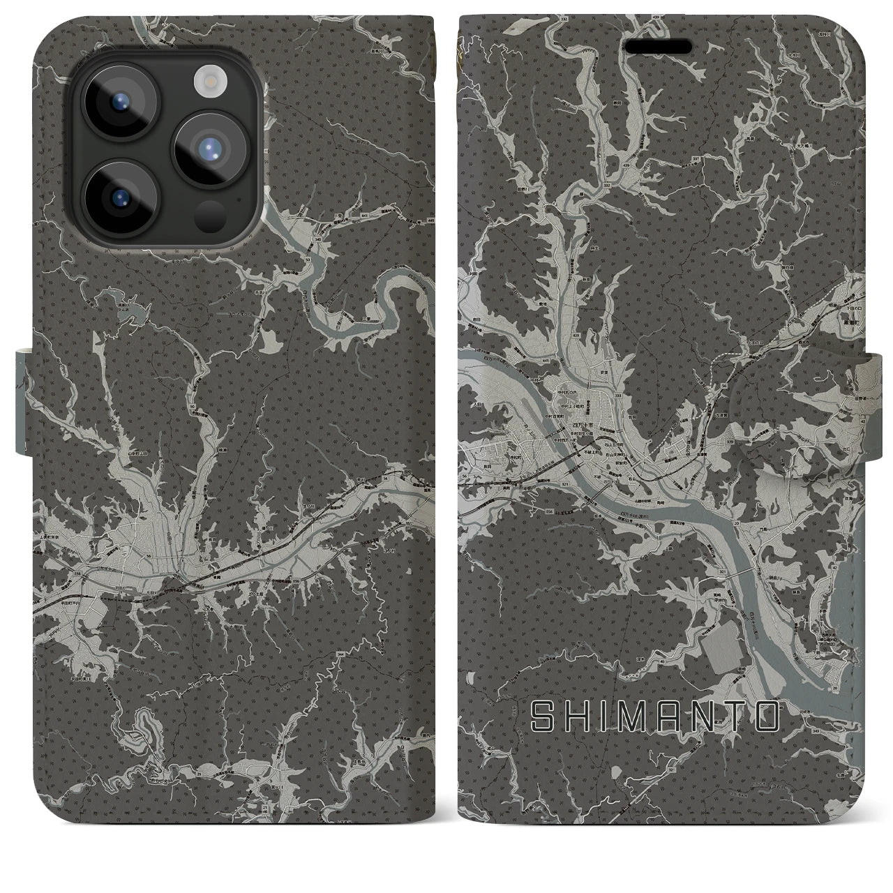【四万十(高知県)】地図柄iPhoneケース(手帳タイプ)モノトーン・iPhone 15 Pro Max 用