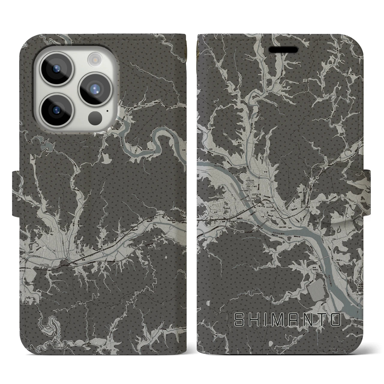 【四万十(高知県)】地図柄iPhoneケース(手帳タイプ)モノトーン・iPhone 15 Pro 用