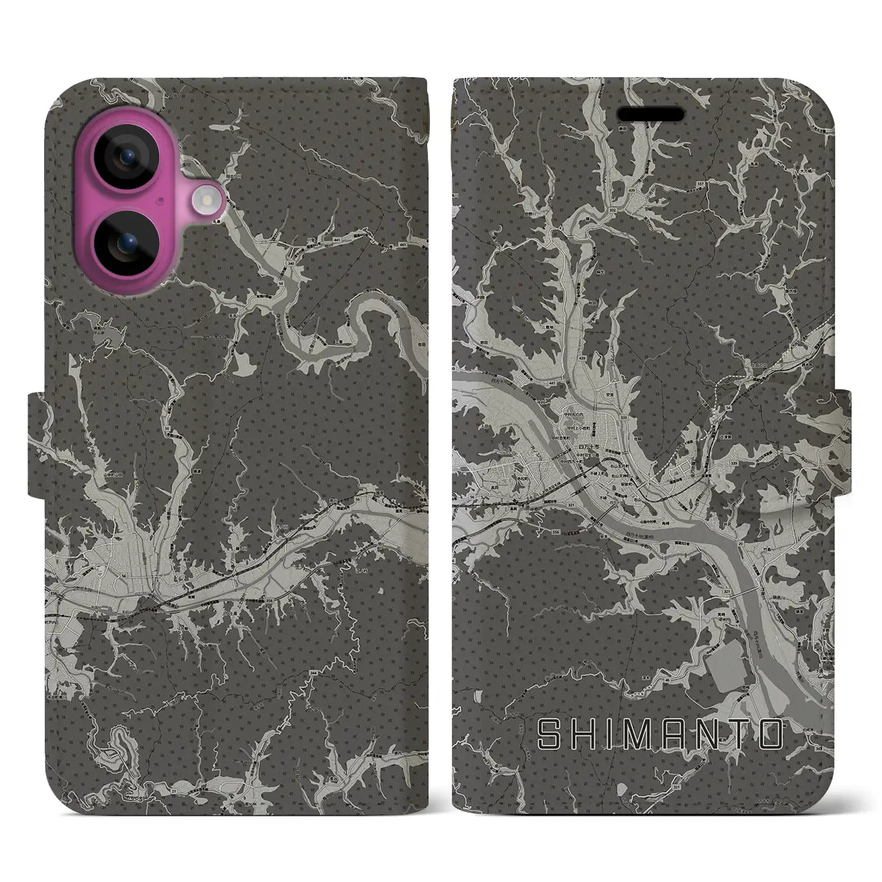 【四万十(高知県)】地図柄iPhoneケース(手帳タイプ)モノトーン・iPhone 16 Pro 用