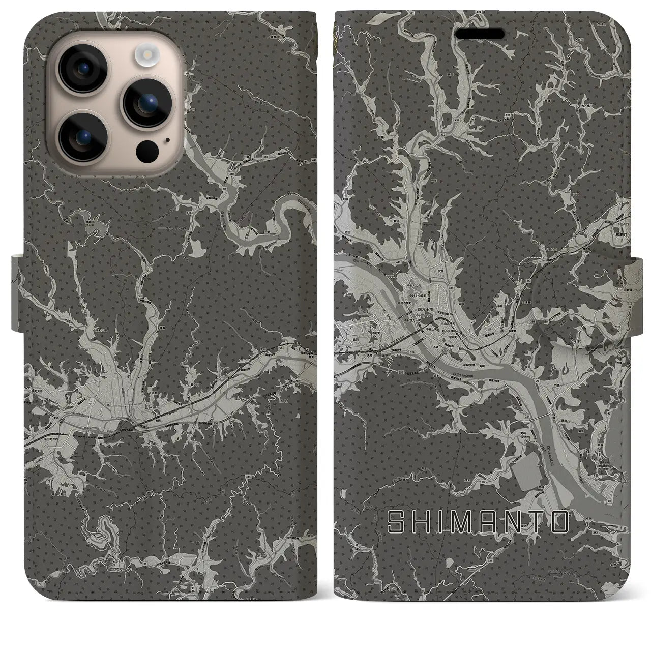 【四万十(高知県)】地図柄iPhoneケース(手帳タイプ)モノトーン・iPhone 16 Plus 用