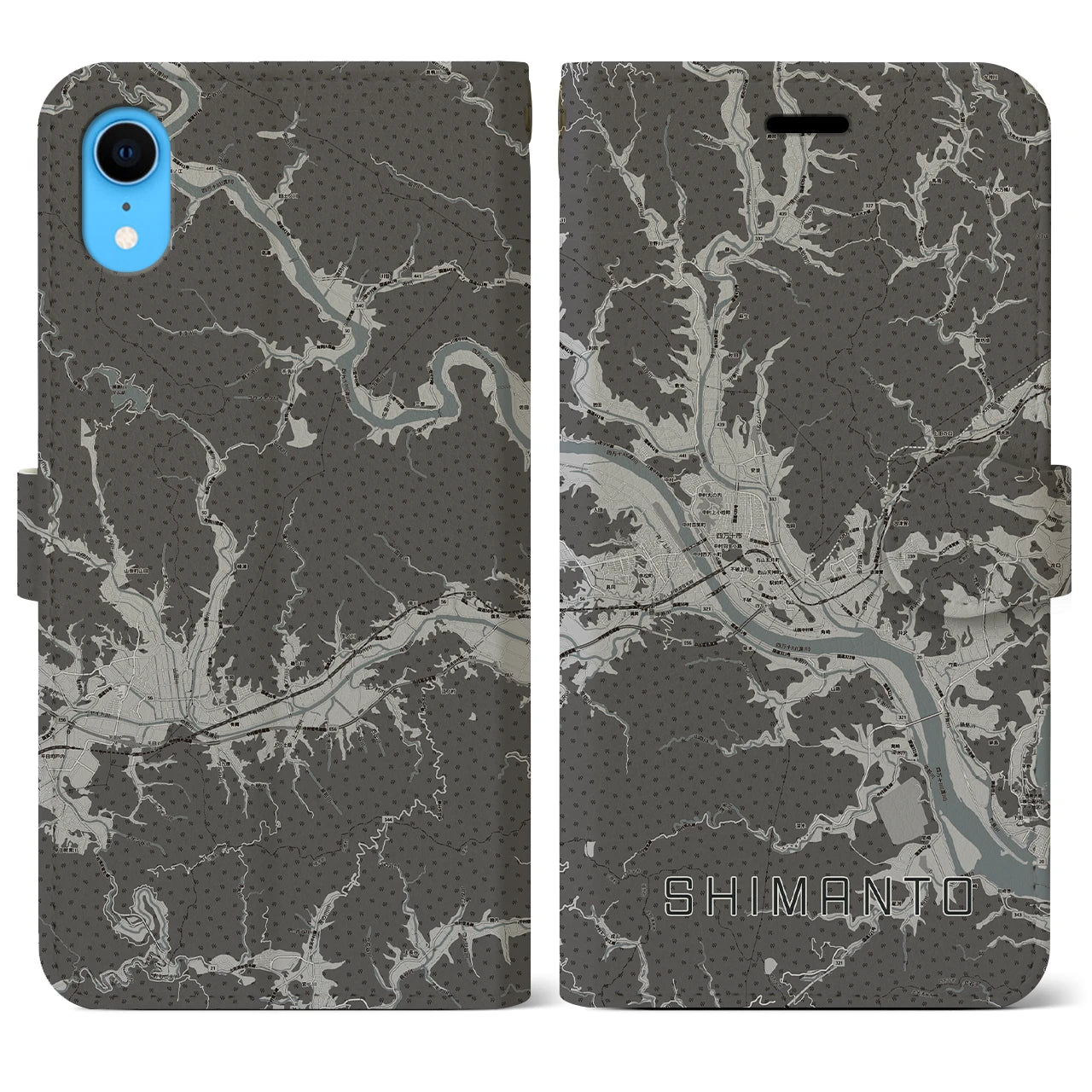【四万十(高知県)】地図柄iPhoneケース(手帳タイプ)モノトーン・iPhone XR 用