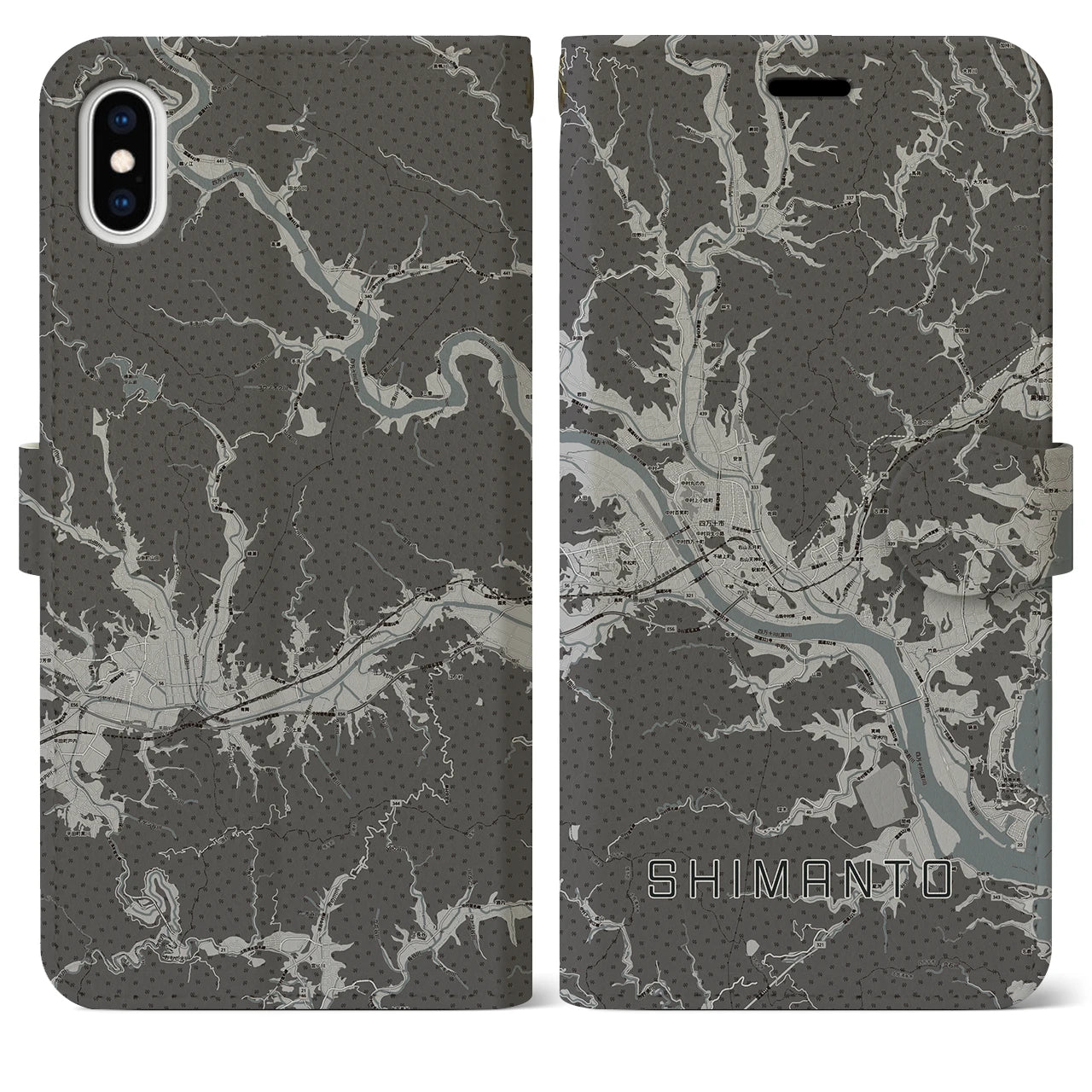 【四万十(高知県)】地図柄iPhoneケース(手帳タイプ)モノトーン・iPhone XS Max 用