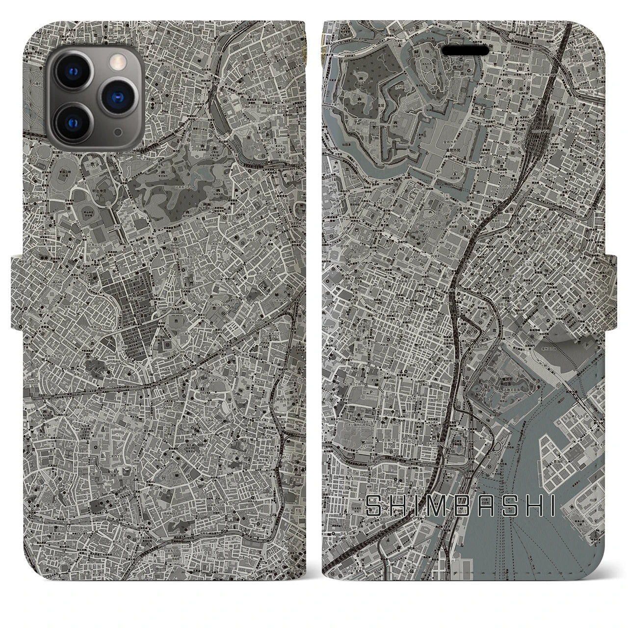 【新橋(東京都)】地図柄iPhoneケース(手帳タイプ)モノトーン・iPhone 11 Pro Max 用