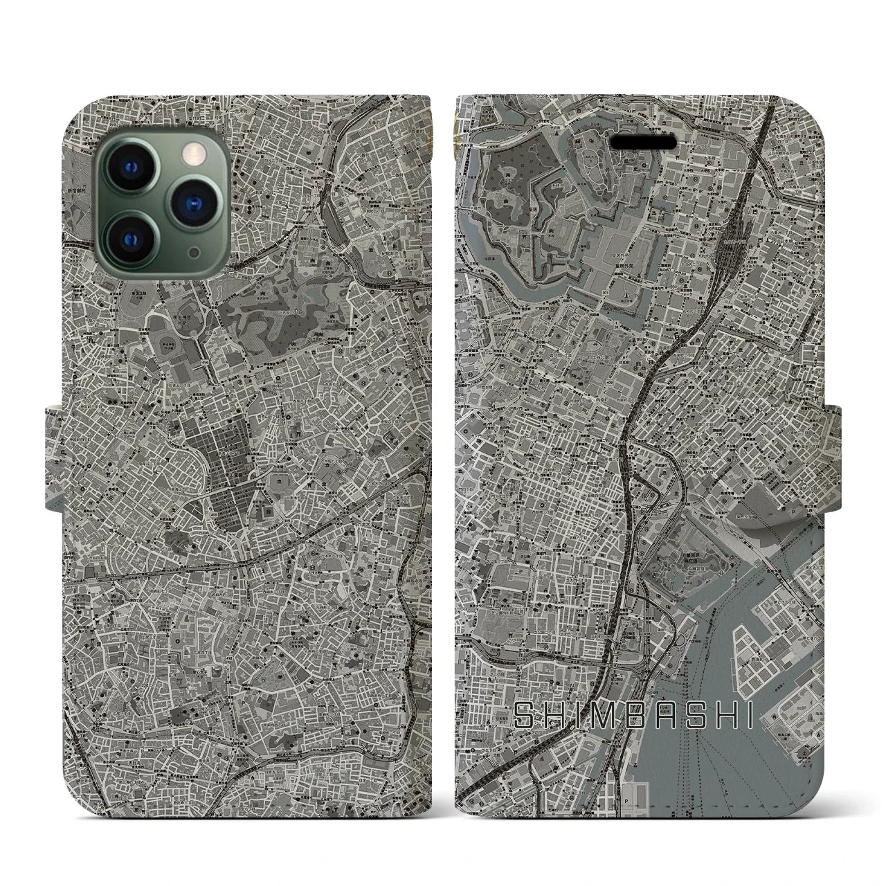 【新橋(東京都)】地図柄iPhoneケース(手帳タイプ)モノトーン・iPhone 11 Pro 用