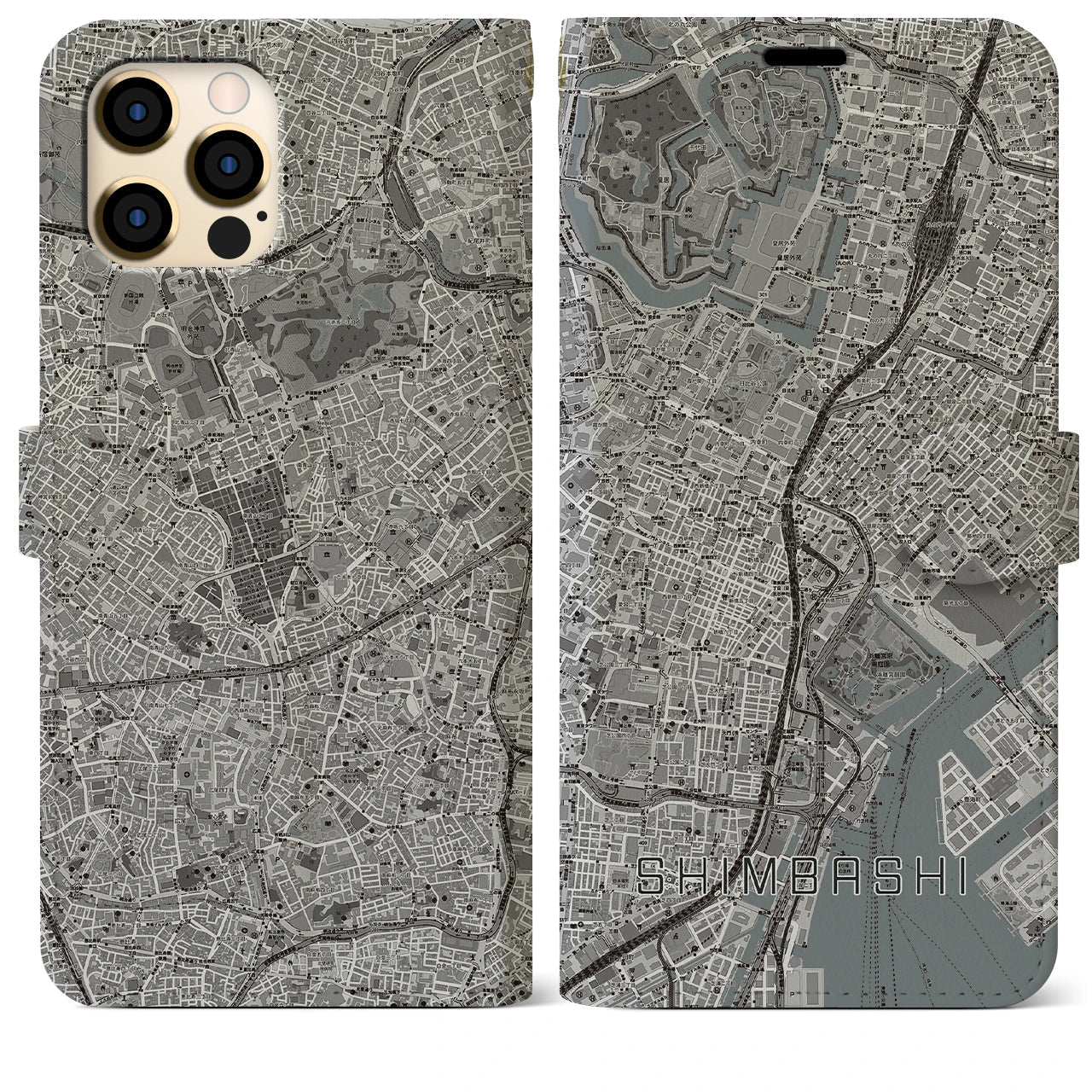 【新橋(東京都)】地図柄iPhoneケース(手帳タイプ)モノトーン・iPhone 12 Pro Max 用