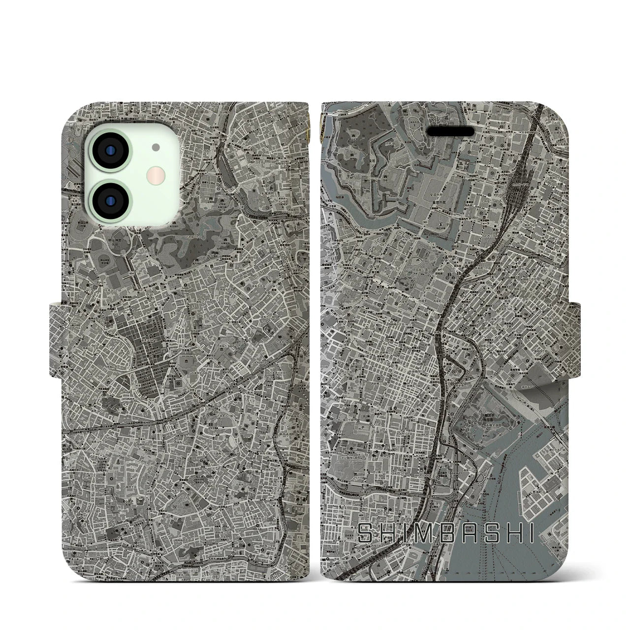 【新橋(東京都)】地図柄iPhoneケース(手帳タイプ)モノトーン・iPhone 12 mini 用