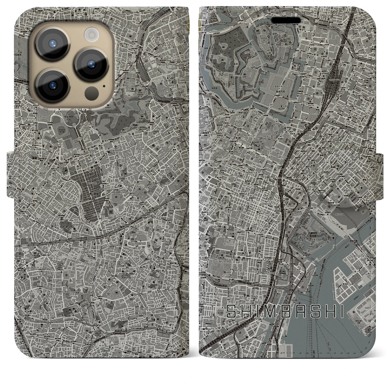 【新橋(東京都)】地図柄iPhoneケース(手帳タイプ)モノトーン・iPhone 14 Pro Max 用