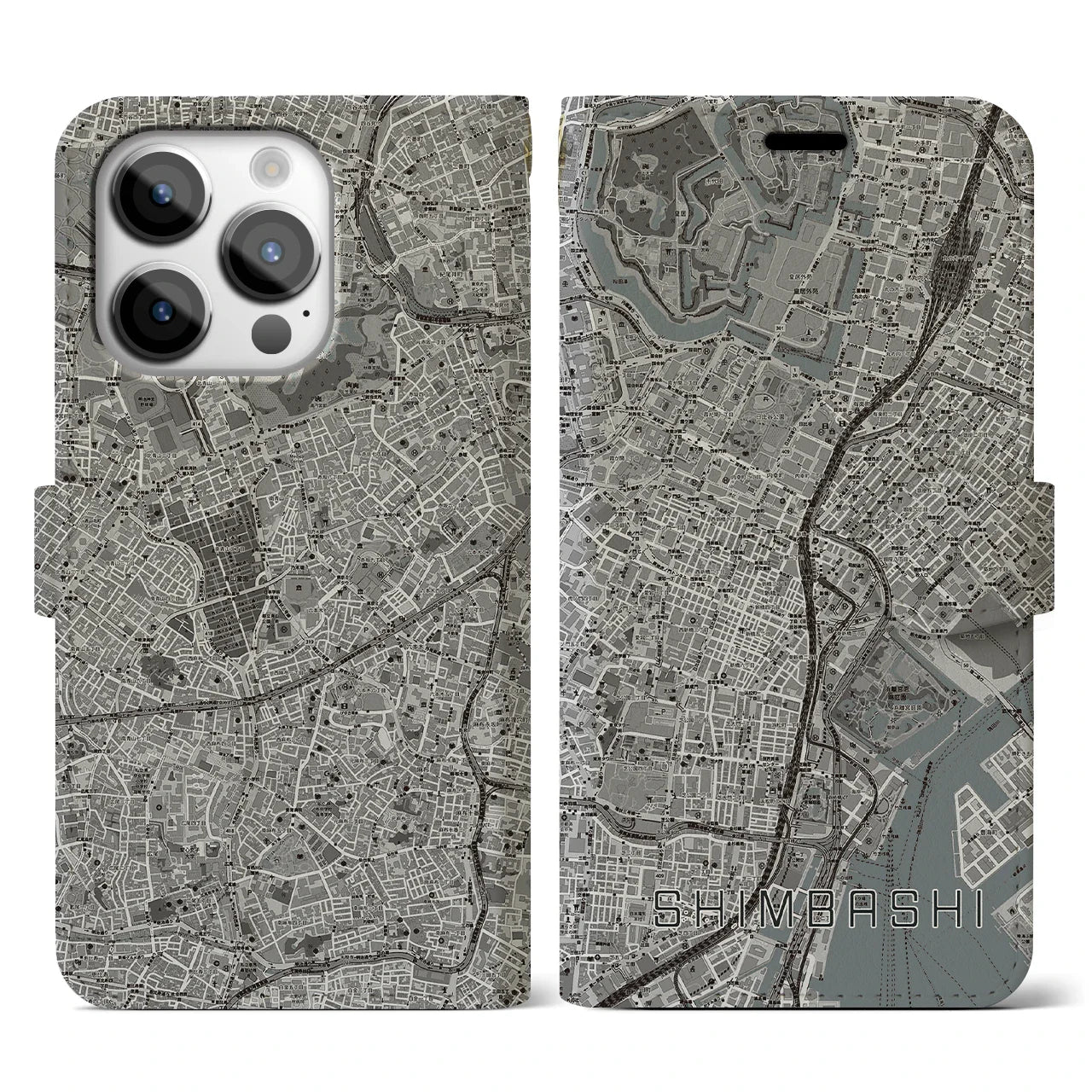 【新橋(東京都)】地図柄iPhoneケース(手帳タイプ)モノトーン・iPhone 14 Pro 用