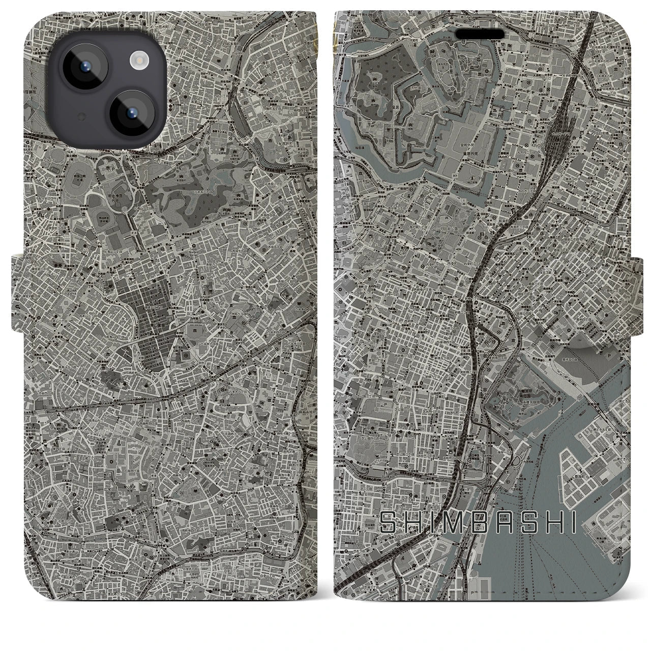 【新橋(東京都)】地図柄iPhoneケース(手帳タイプ)モノトーン・iPhone 14 Plus 用