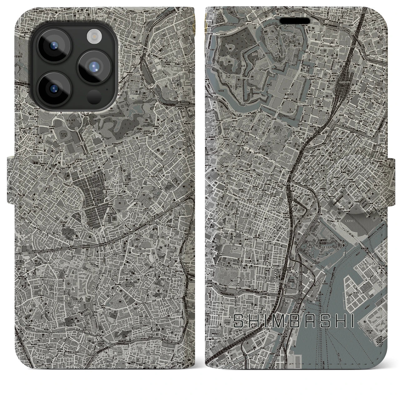 【新橋(東京都)】地図柄iPhoneケース(手帳タイプ)モノトーン・iPhone 15 Pro Max 用