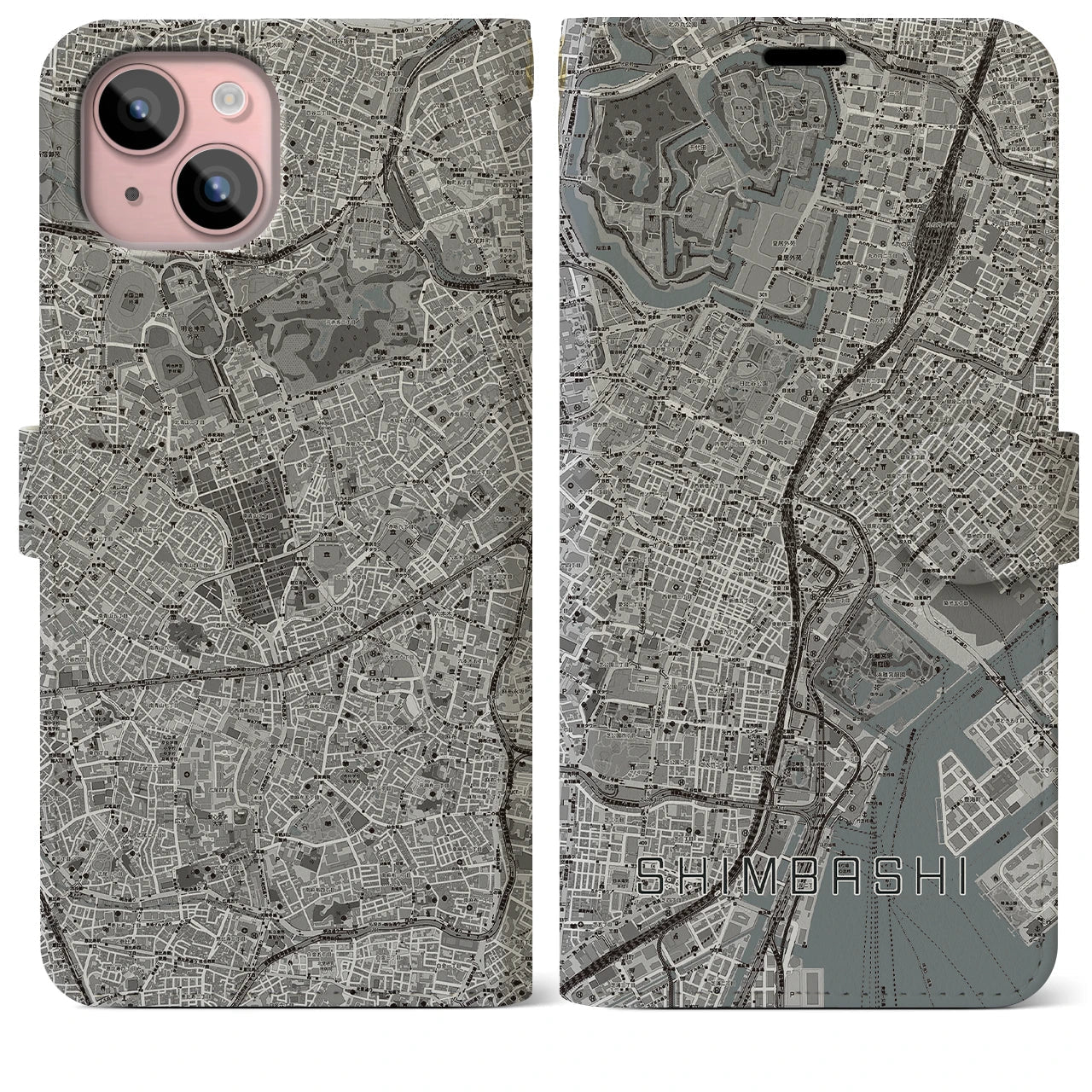 【新橋(東京都)】地図柄iPhoneケース(手帳タイプ)モノトーン・iPhone 15 Plus 用
