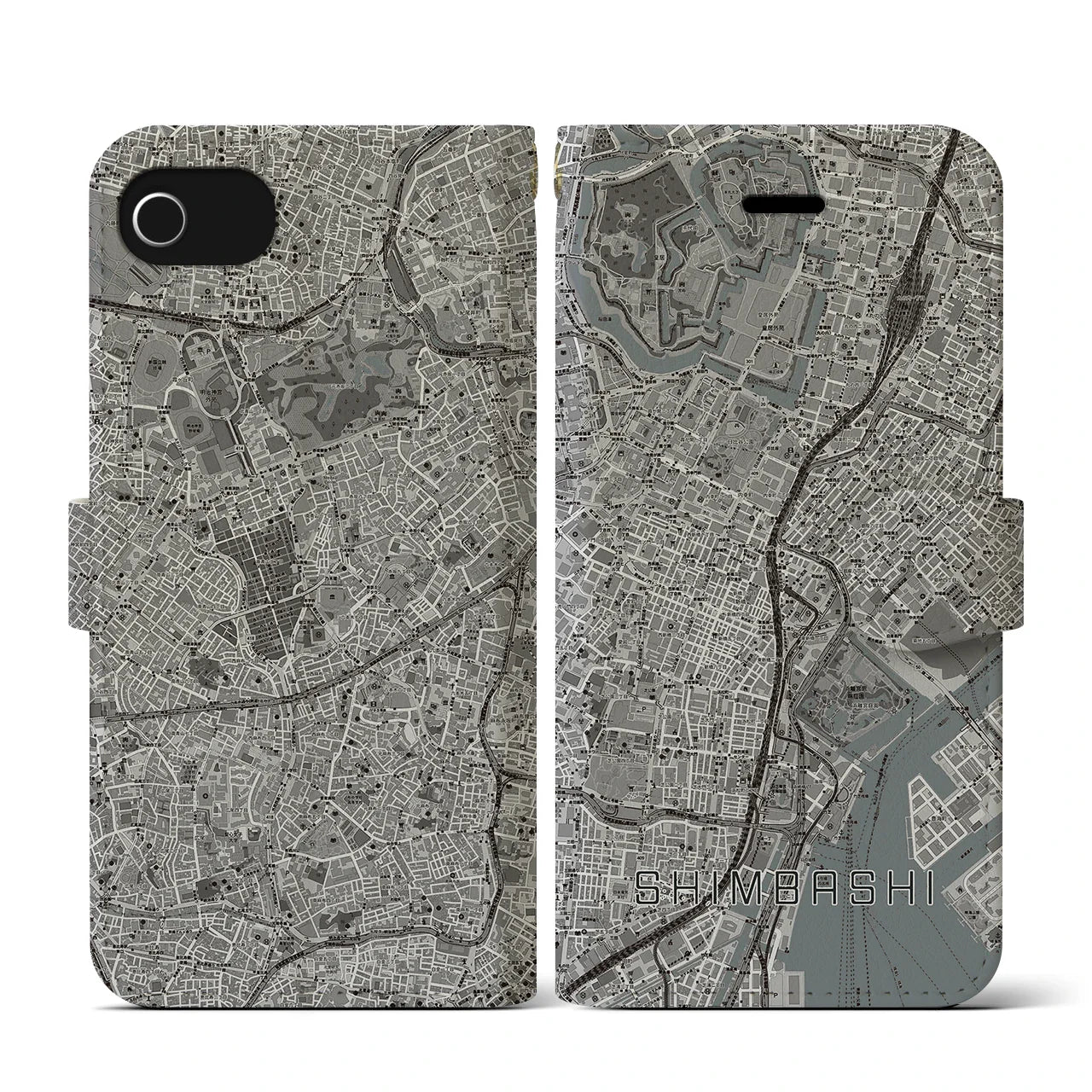 【新橋(東京都)】地図柄iPhoneケース(手帳タイプ)モノトーン・iPhone SE(第3 / 第2世代) / 8 / 7 / 6s / 6 用