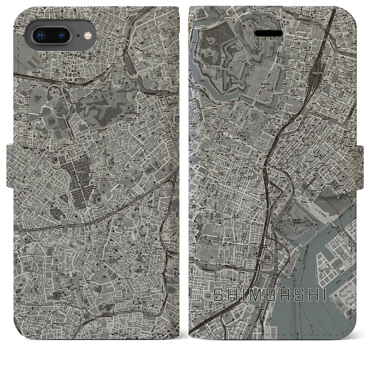 【新橋(東京都)】地図柄iPhoneケース(手帳タイプ)モノトーン・iPhone 8Plus /7Plus / 6sPlus / 6Plus 用