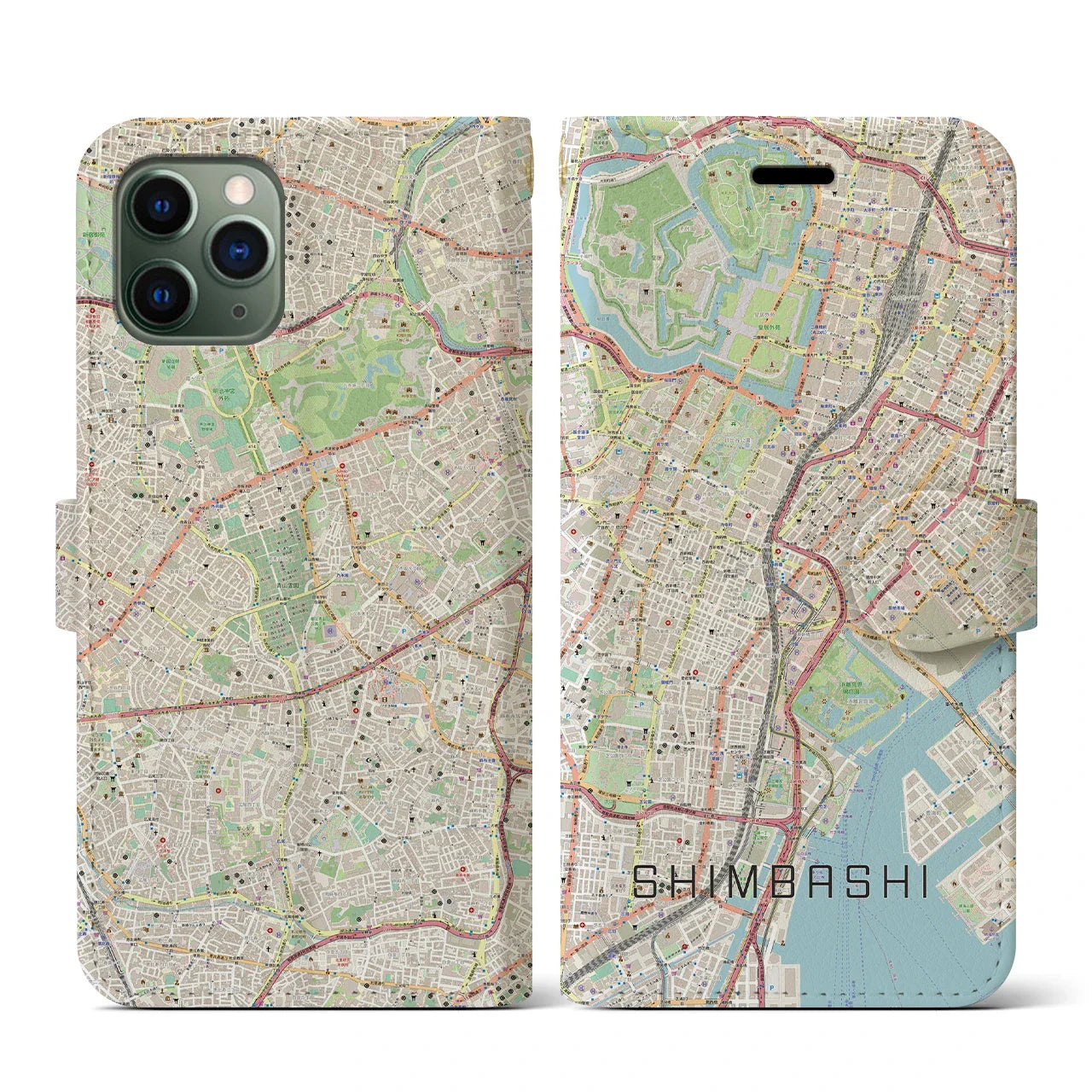 【新橋(東京都)】地図柄iPhoneケース(手帳タイプ)ナチュラル・iPhone 11 Pro 用