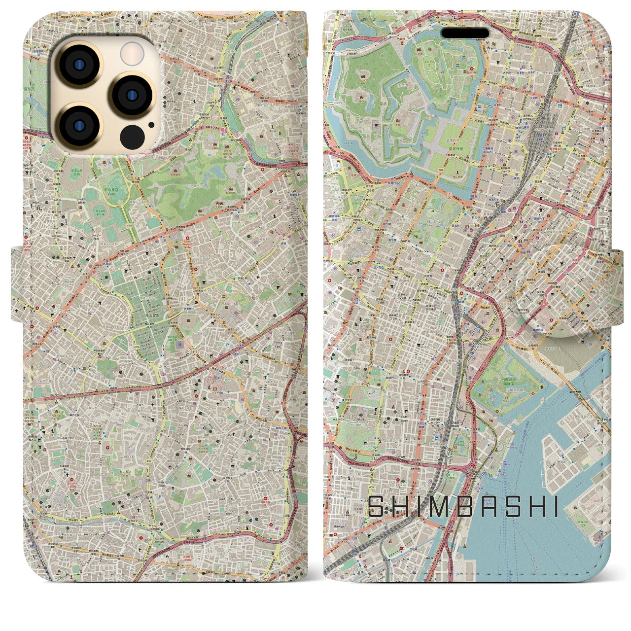 【新橋(東京都)】地図柄iPhoneケース(手帳タイプ)ナチュラル・iPhone 12 Pro Max 用