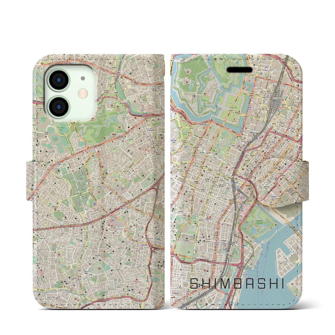 【新橋(東京都)】地図柄iPhoneケース(手帳タイプ)ナチュラル・iPhone 12 mini 用