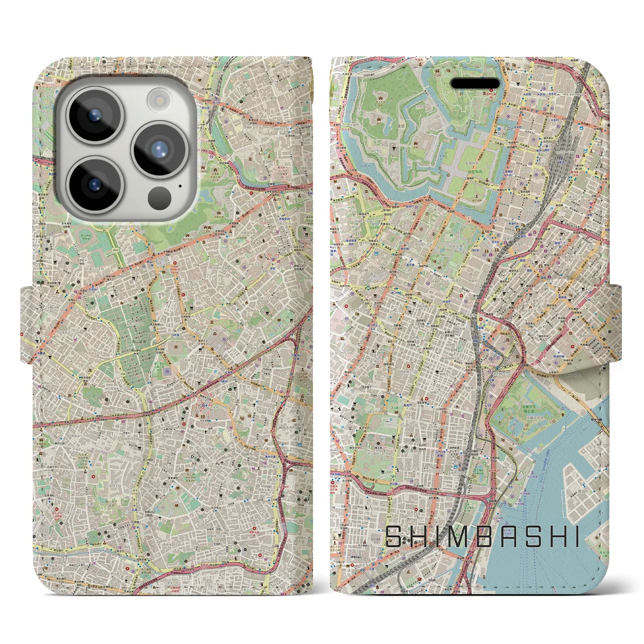 【新橋(東京都)】地図柄iPhoneケース(手帳タイプ)ナチュラル・iPhone 15 Pro 用