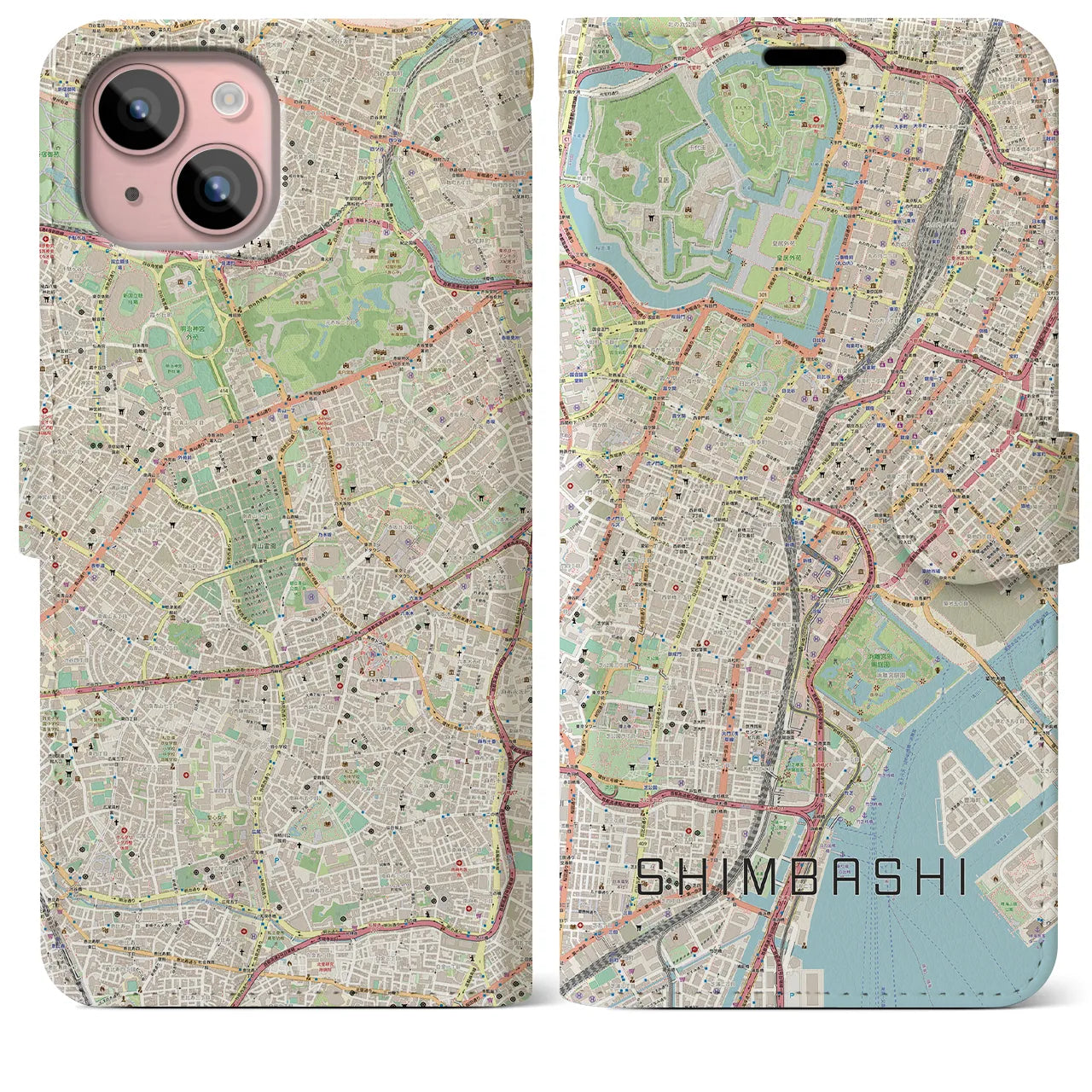【新橋(東京都)】地図柄iPhoneケース(手帳タイプ)ナチュラル・iPhone 15 Plus 用