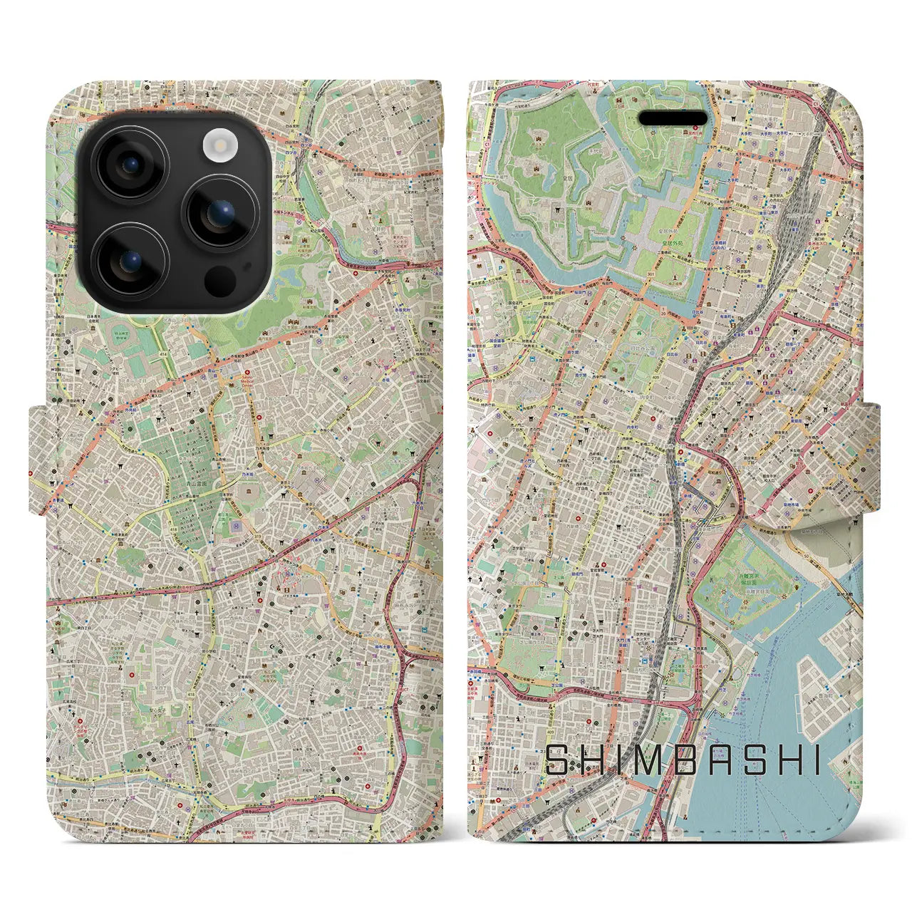 【新橋(東京都)】地図柄iPhoneケース(手帳タイプ)ナチュラル・iPhone 16 用