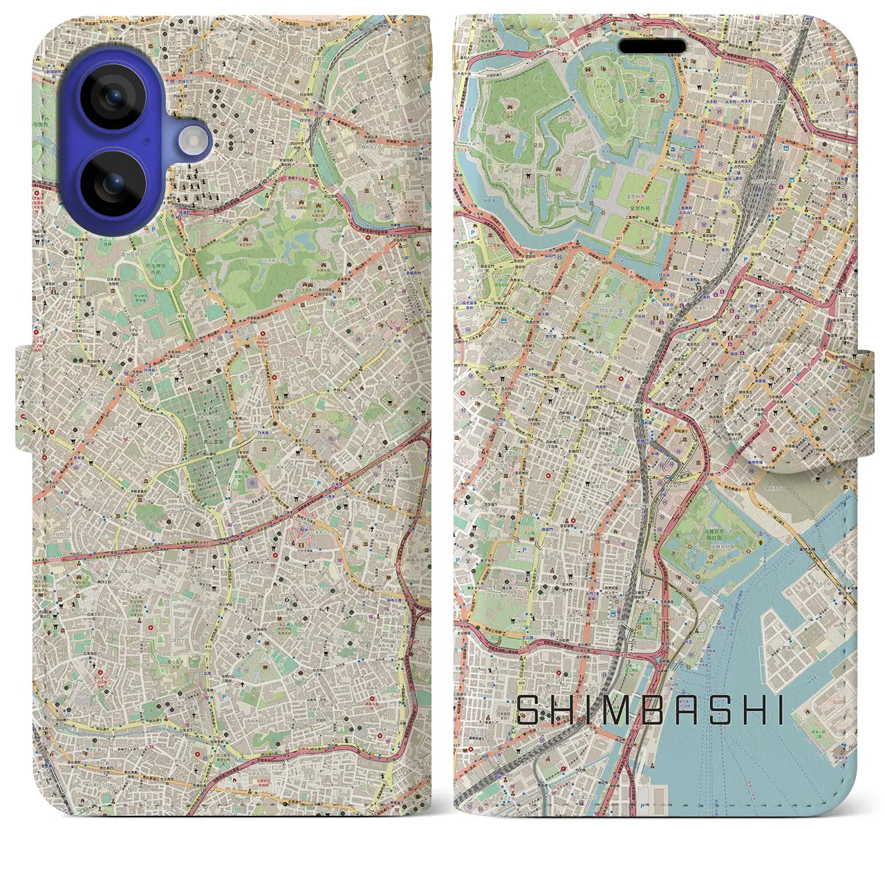 【新橋(東京都)】地図柄iPhoneケース(手帳タイプ)ナチュラル・iPhone 16 Pro Max 用