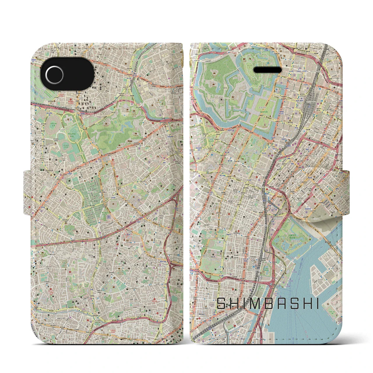 【新橋(東京都)】地図柄iPhoneケース(手帳タイプ)ナチュラル・iPhone SE(第3 / 第2世代) / 8 / 7 / 6s / 6 用