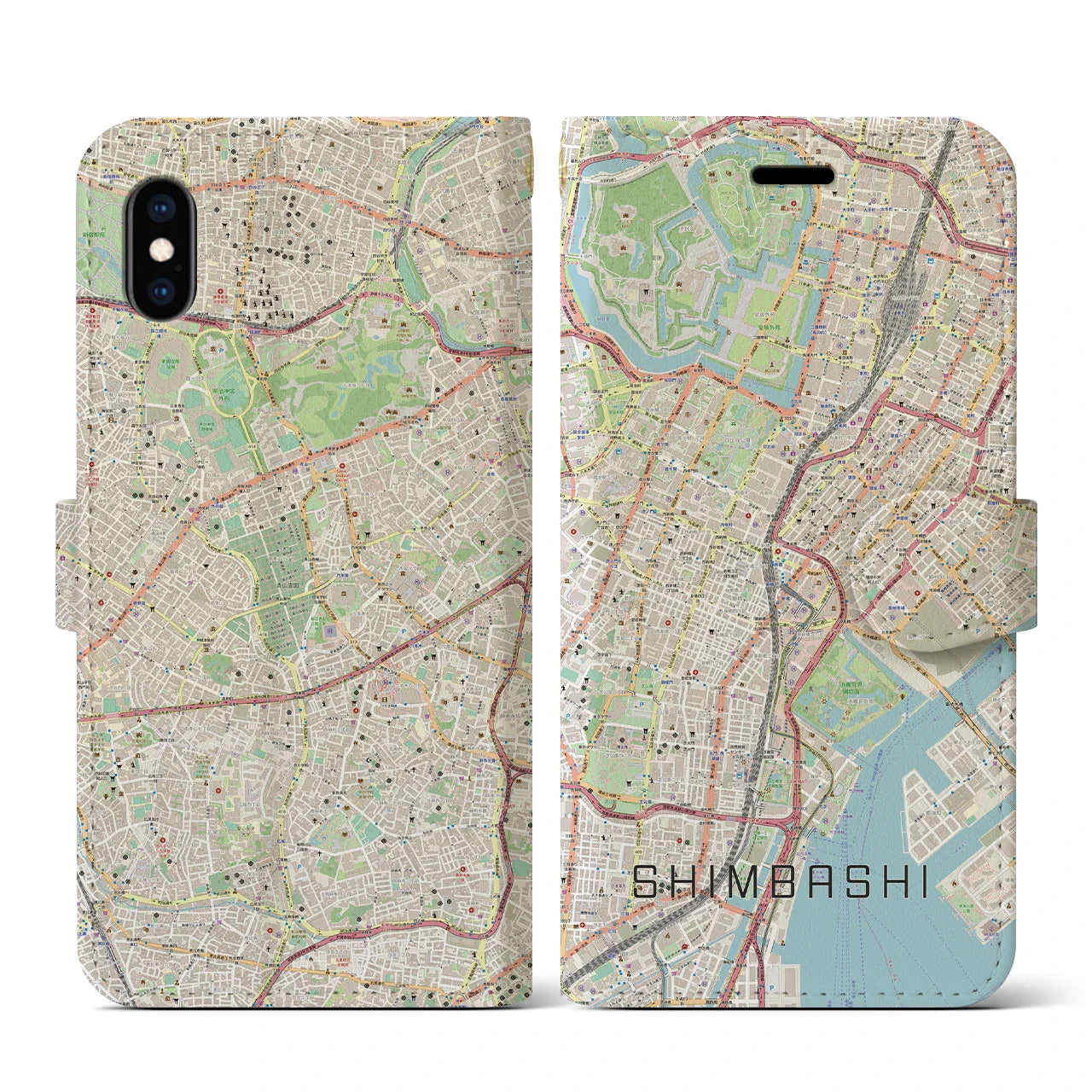 【新橋(東京都)】地図柄iPhoneケース(手帳タイプ)ナチュラル・iPhone XS / X 用