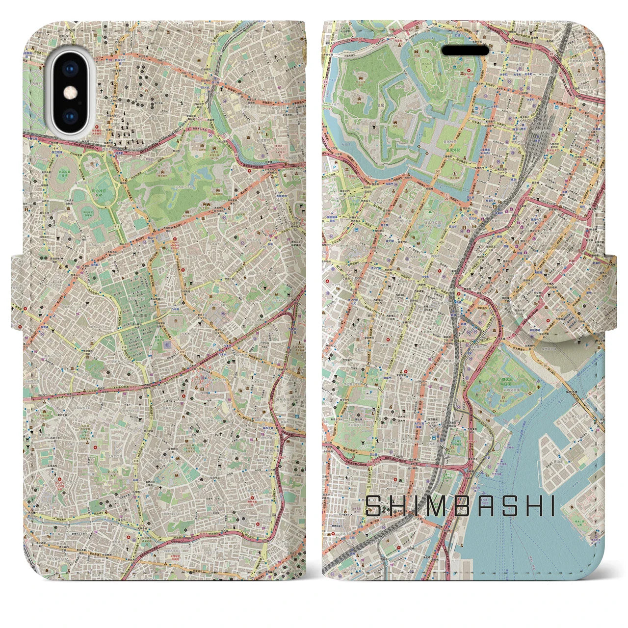 【新橋(東京都)】地図柄iPhoneケース(手帳タイプ)ナチュラル・iPhone XS Max 用