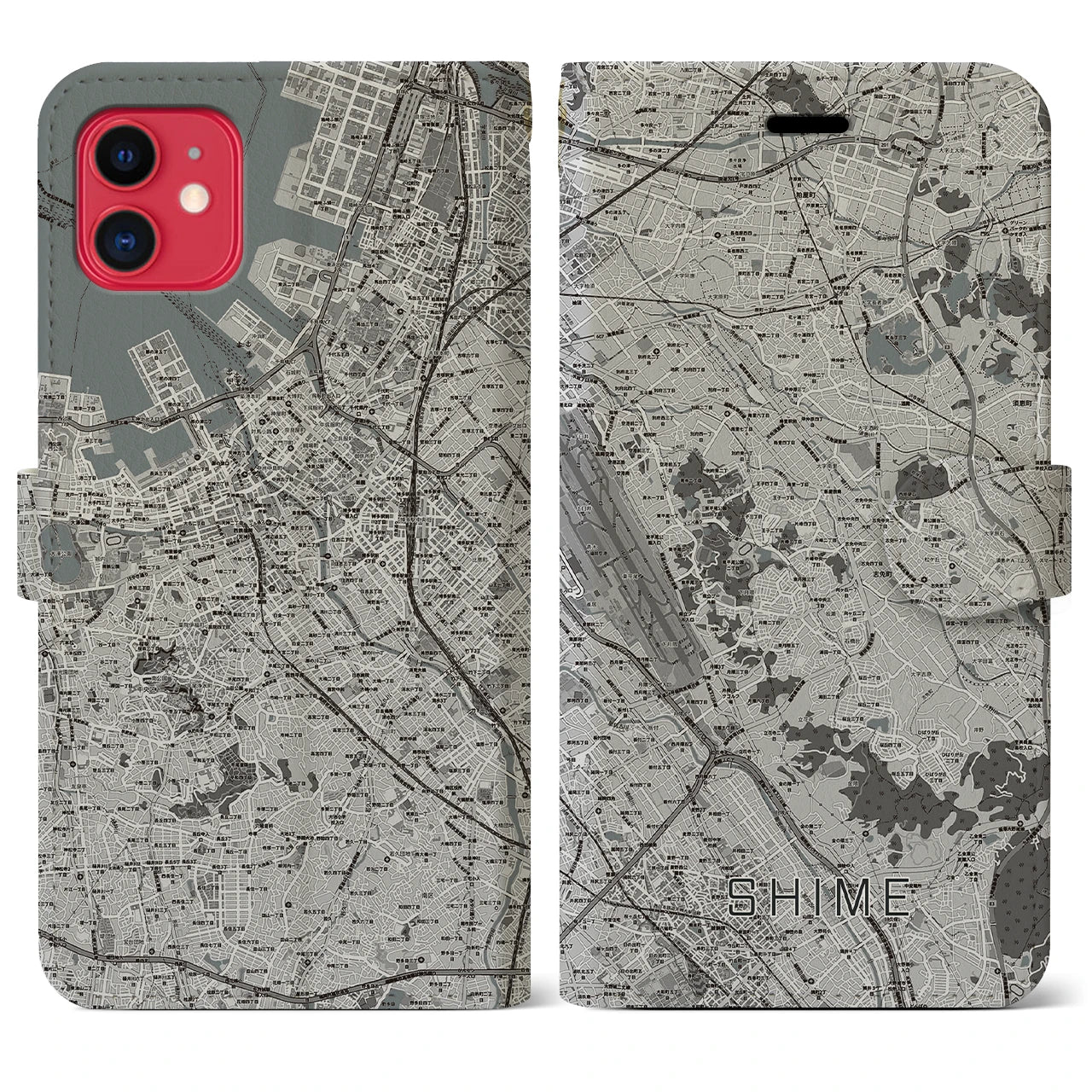 【志免(福岡県)】地図柄iPhoneケース(手帳タイプ)モノトーン・iPhone 11 用