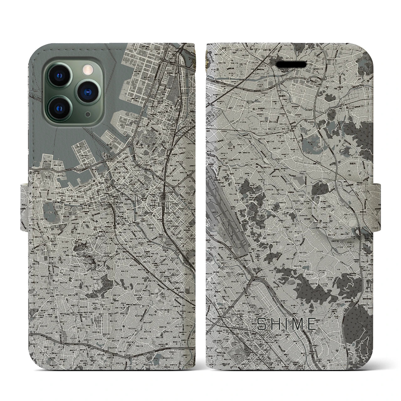 【志免(福岡県)】地図柄iPhoneケース(手帳タイプ)モノトーン・iPhone 11 Pro 用