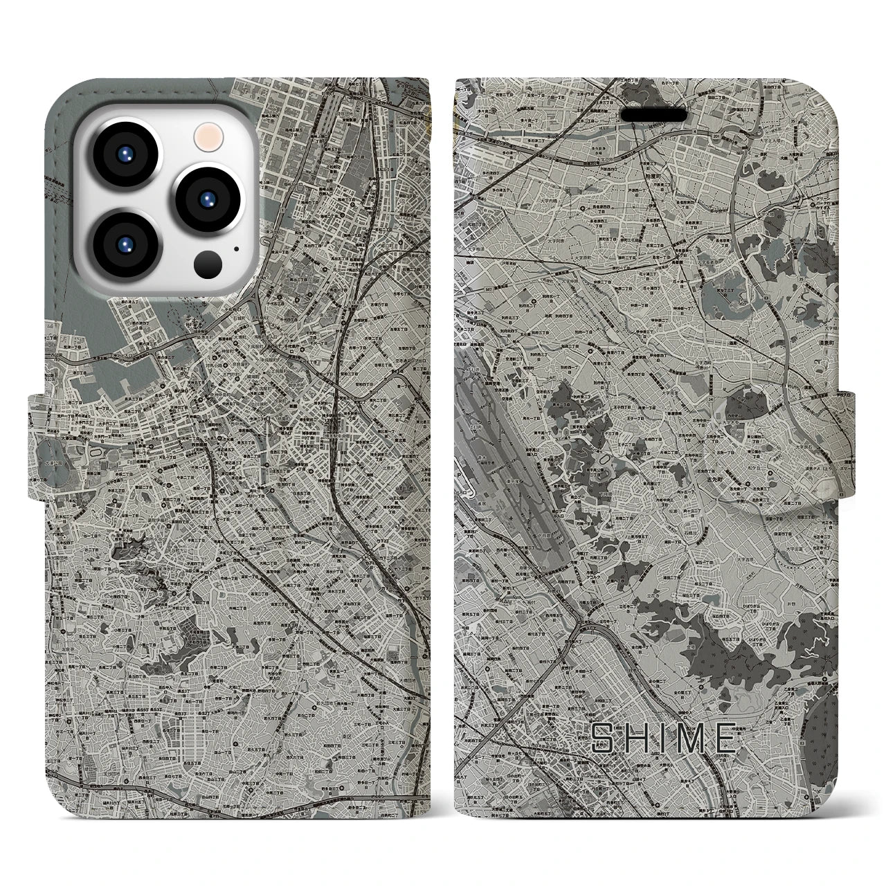 【志免(福岡県)】地図柄iPhoneケース(手帳タイプ)モノトーン・iPhone 13 Pro 用