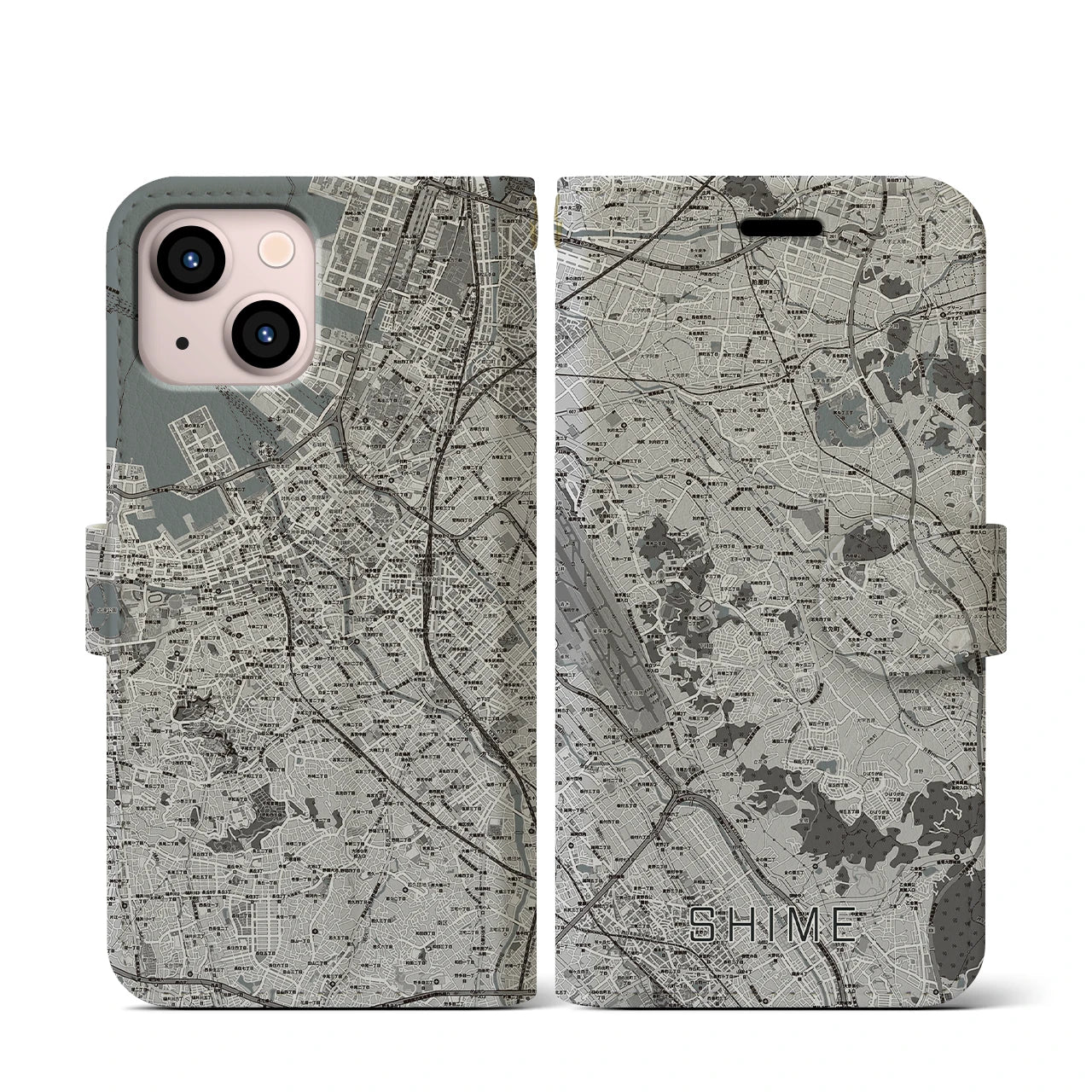 【志免(福岡県)】地図柄iPhoneケース(手帳タイプ)モノトーン・iPhone 13 mini 用