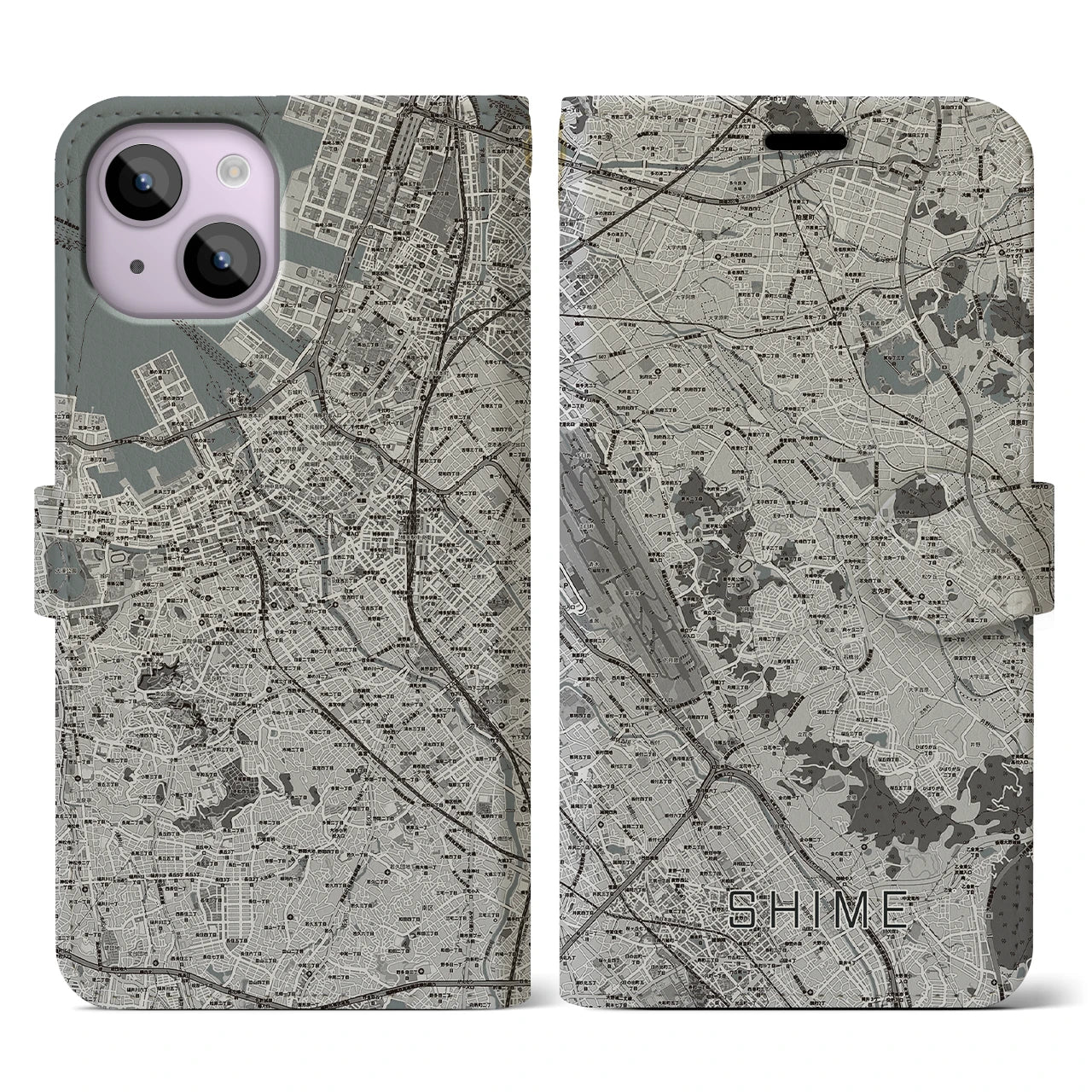 【志免(福岡県)】地図柄iPhoneケース(手帳タイプ)モノトーン・iPhone 14 用