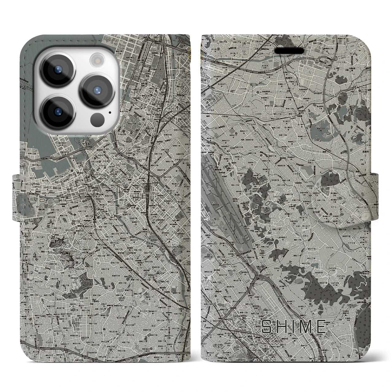 【志免(福岡県)】地図柄iPhoneケース(手帳タイプ)モノトーン・iPhone 14 Pro 用