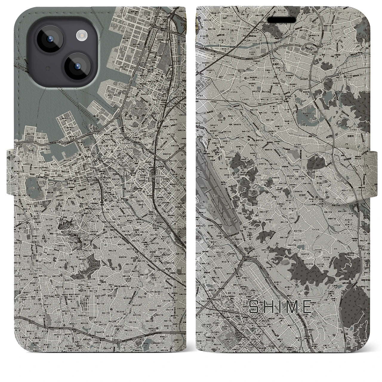 【志免(福岡県)】地図柄iPhoneケース(手帳タイプ)モノトーン・iPhone 14 Plus 用