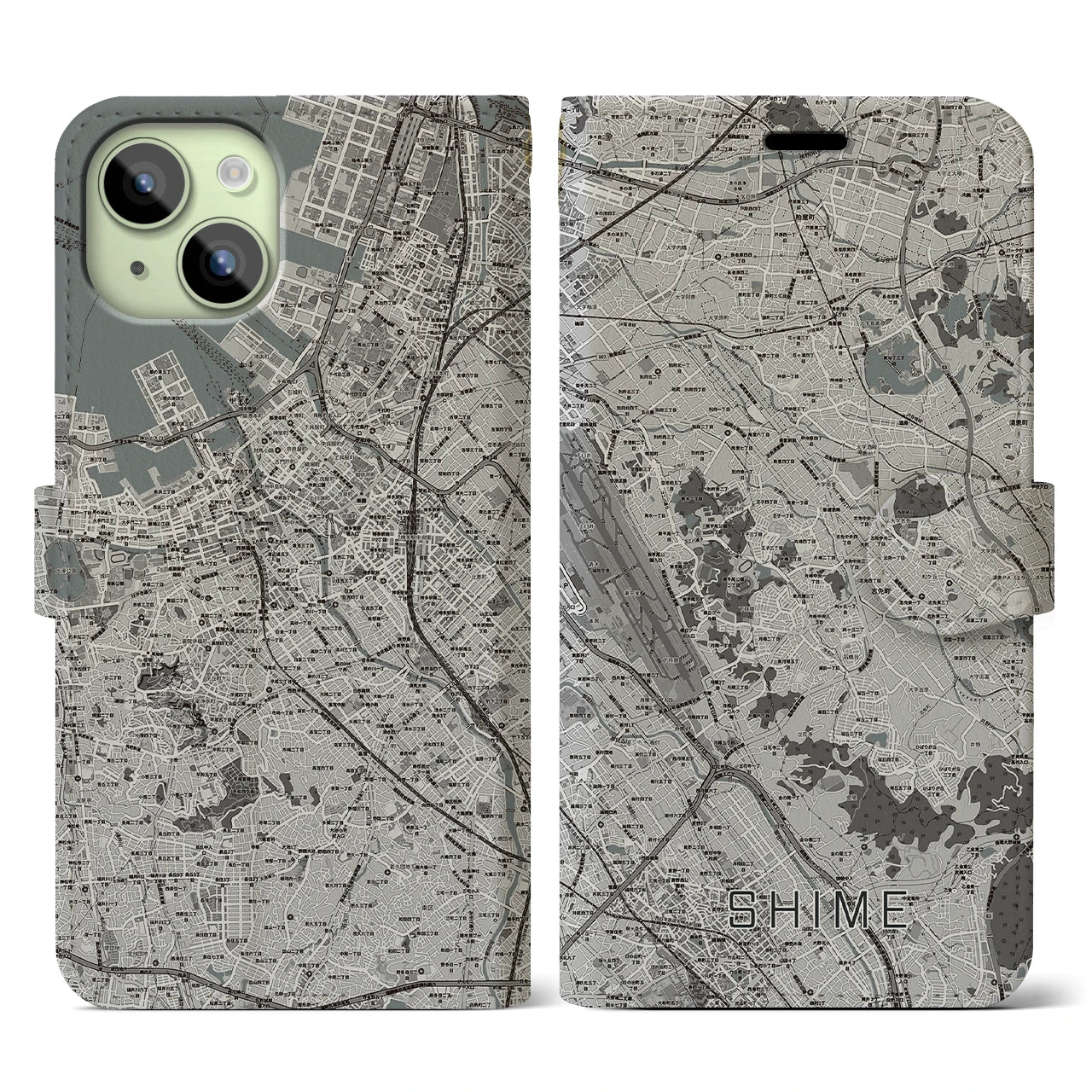 【志免(福岡県)】地図柄iPhoneケース(手帳タイプ)モノトーン・iPhone 15 用