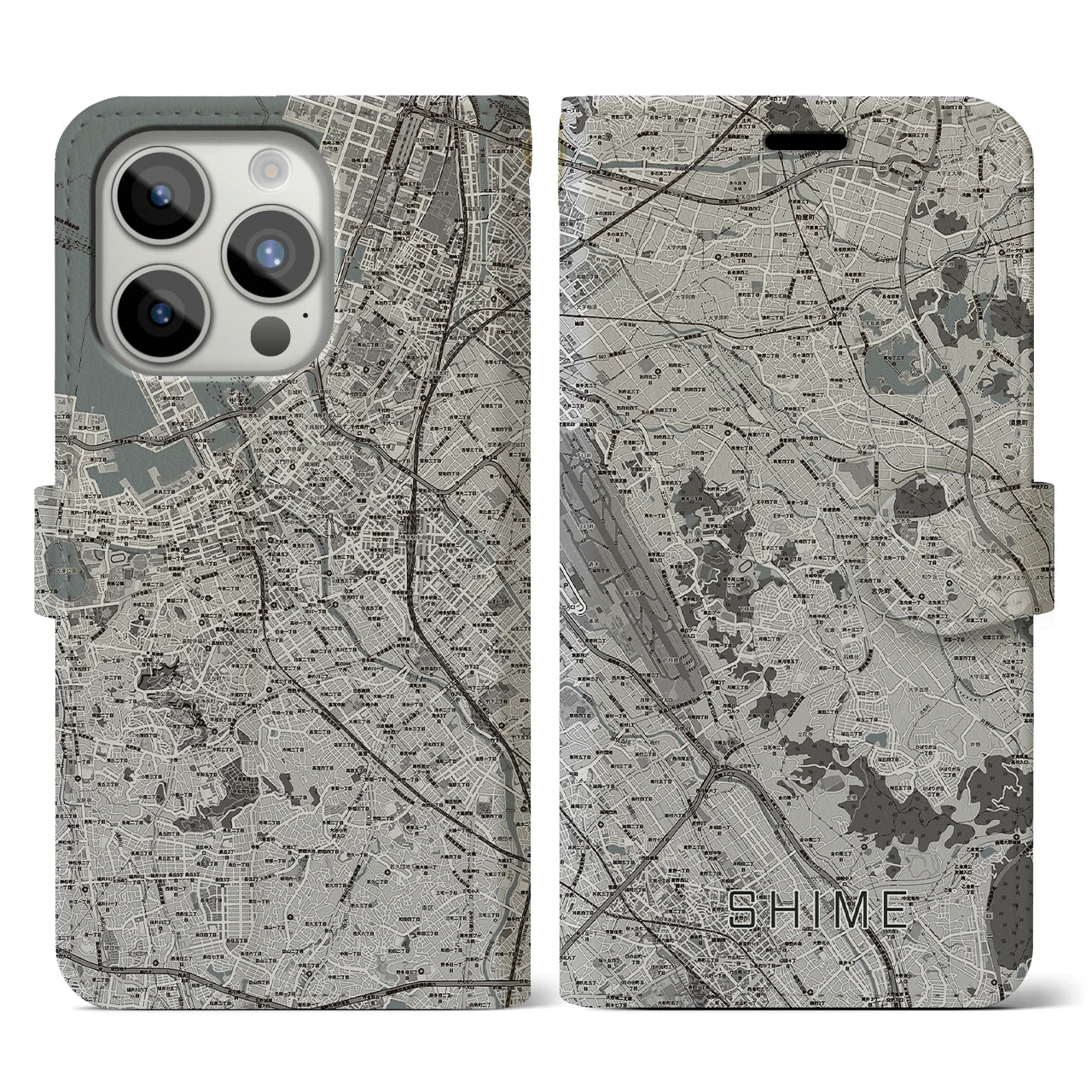 【志免(福岡県)】地図柄iPhoneケース(手帳タイプ)モノトーン・iPhone 15 Pro 用