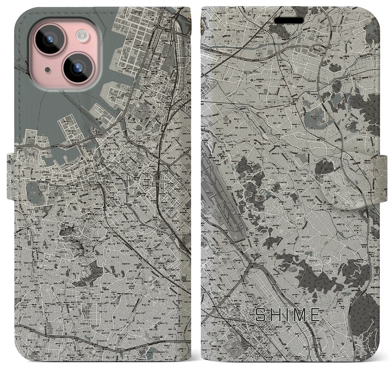 【志免(福岡県)】地図柄iPhoneケース(手帳タイプ)モノトーン・iPhone 15 Plus 用