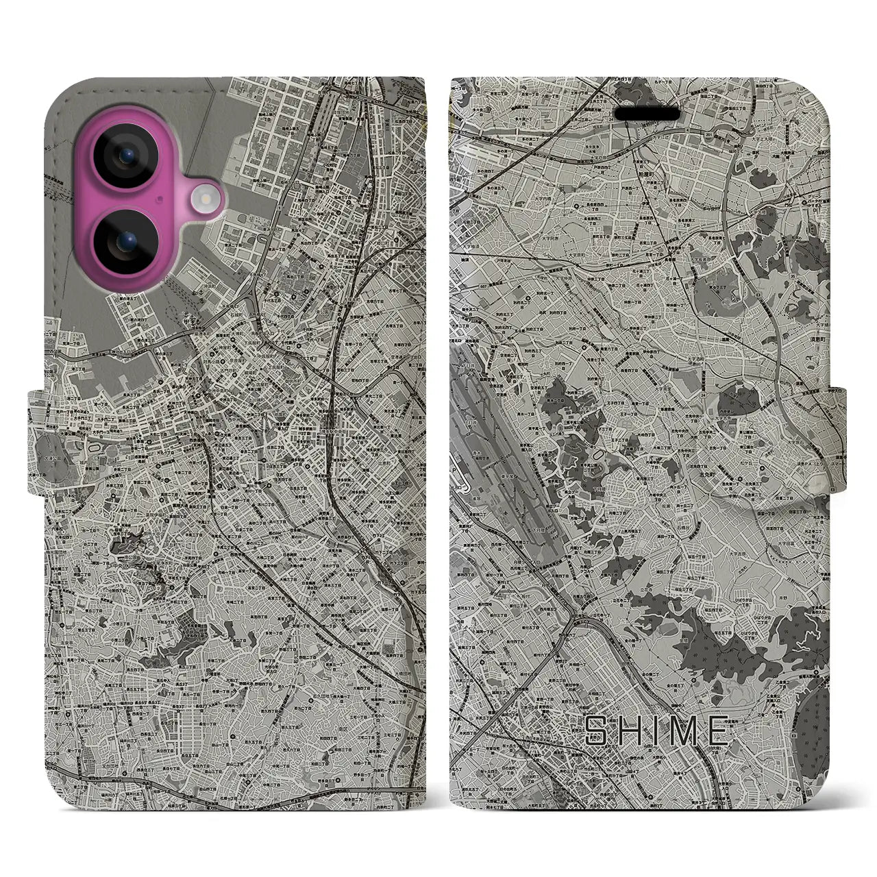 【志免(福岡県)】地図柄iPhoneケース(手帳タイプ)モノトーン・iPhone 16 Pro 用